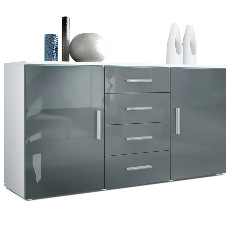 Sideboard Faro mit 2 Türen und 4 Schubladen Weiß matt/Grau Hochglanz (139 x 72 x 35)