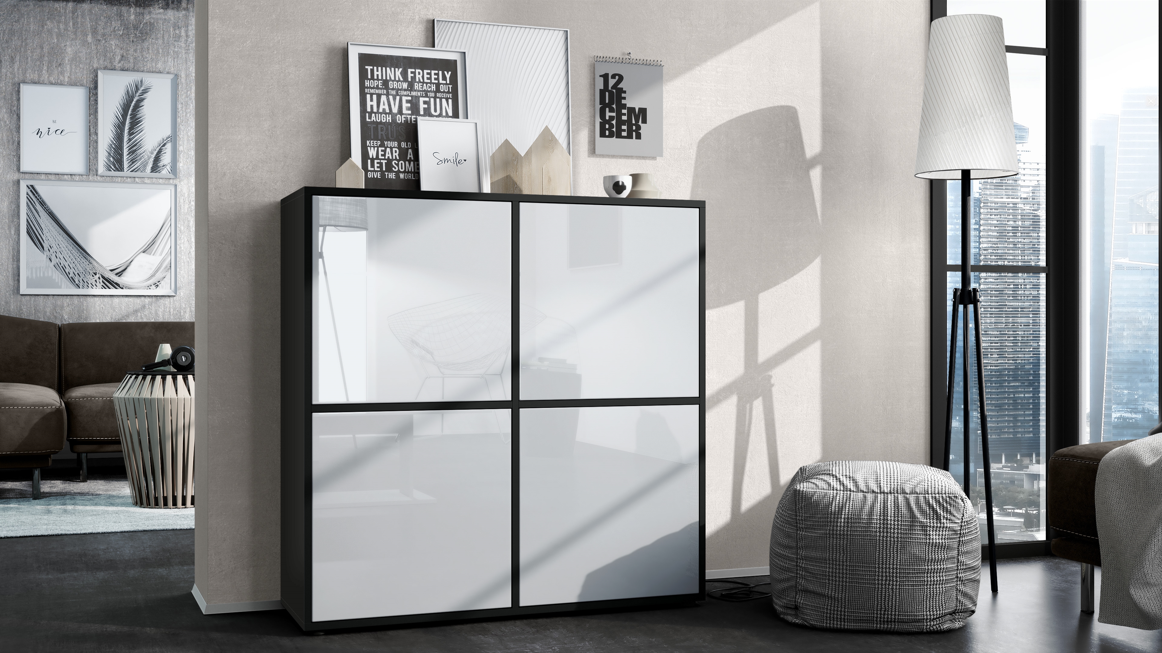 Highboard Cuba V2 Sideboard mit 4 Push-to-Open Türen, Made in Germany Schwarz matt / Weiß Hochglanz (104 x 105,5 x 35,5 cm)