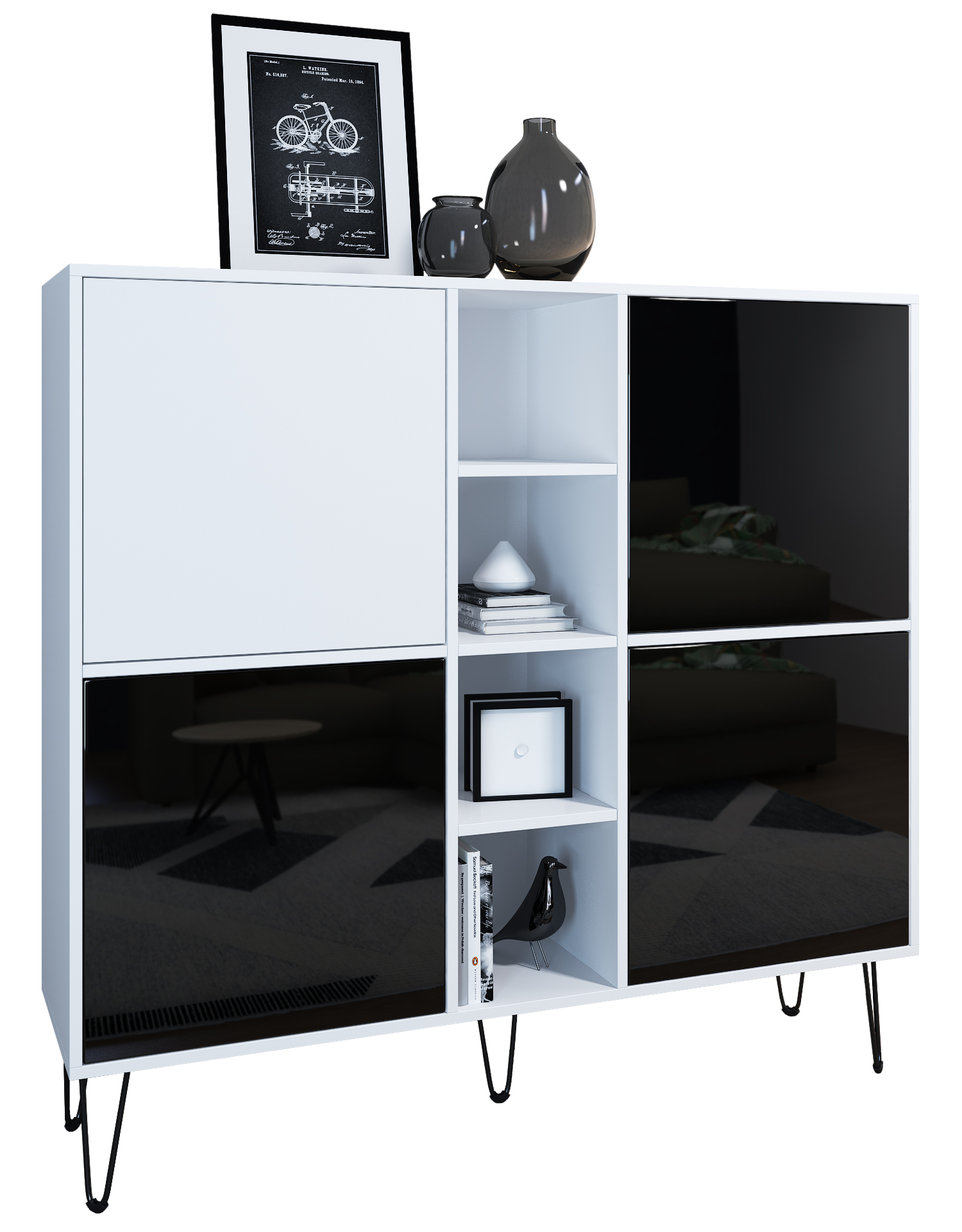 Highboard Havana V3 Kommode Made in Germany Weiß matt / Schwarz Hochglanz (130,5 x 124 x 35 cm)
