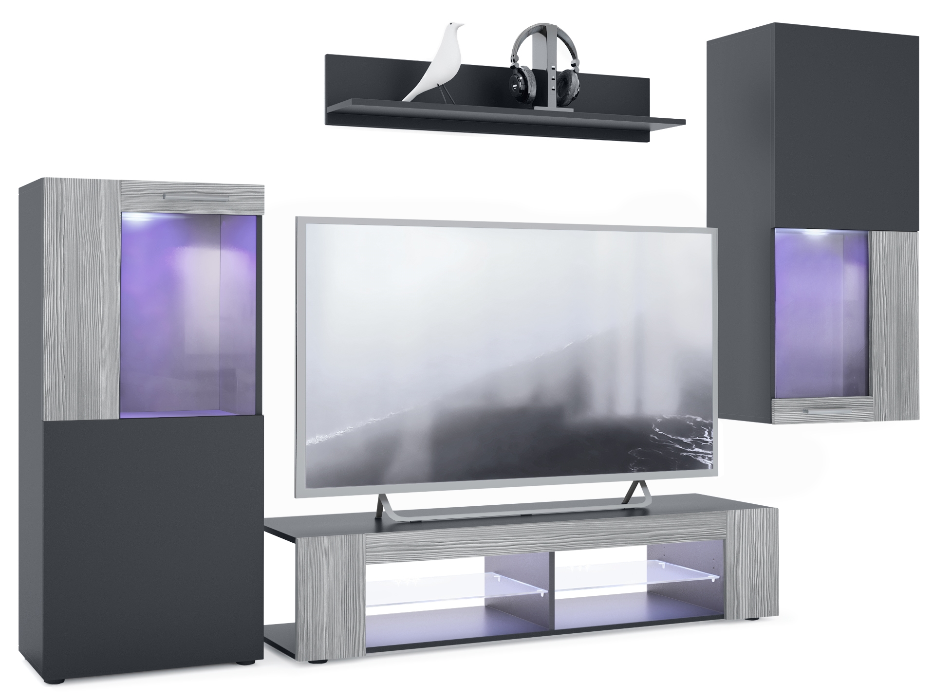 Wohnwand Movie 4-tlg. Schwarz mit LED  bestehend aus 1 TV-Board, 2 Vitrinen und 1 Regal Schwarz matt/Avola-Anthrazit mit Beleuchtung (300x190x39 cm)