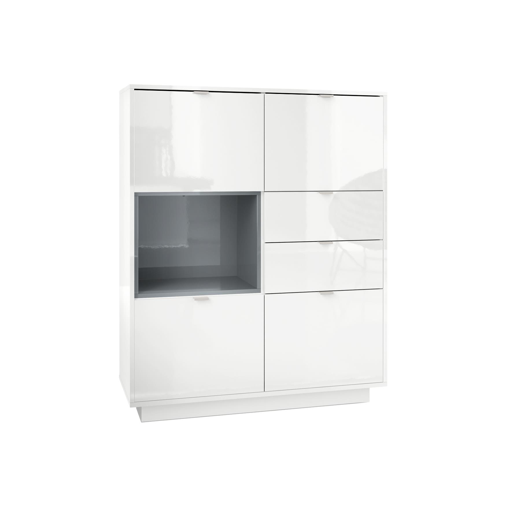 Highboard Metro  mit 4 Türen, 2 Schubladen und 1 offenem Fach Weiß Hochglanz/Grau Hochglanz (103 x 123 x 38 cm)