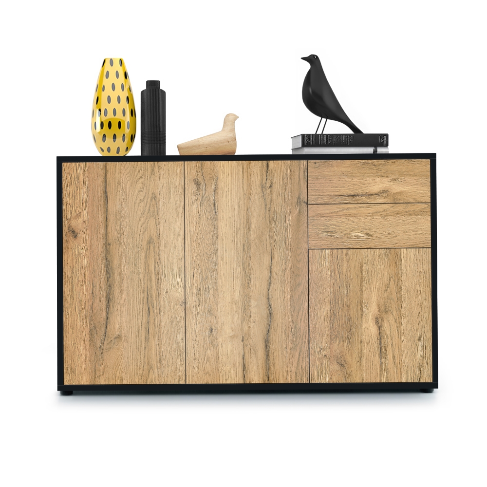 Kommode Ben V3  mit 3 Türen und 2 Schubladen Schwarz matt/Eiche Natur (117 x 74 x 36 cm)