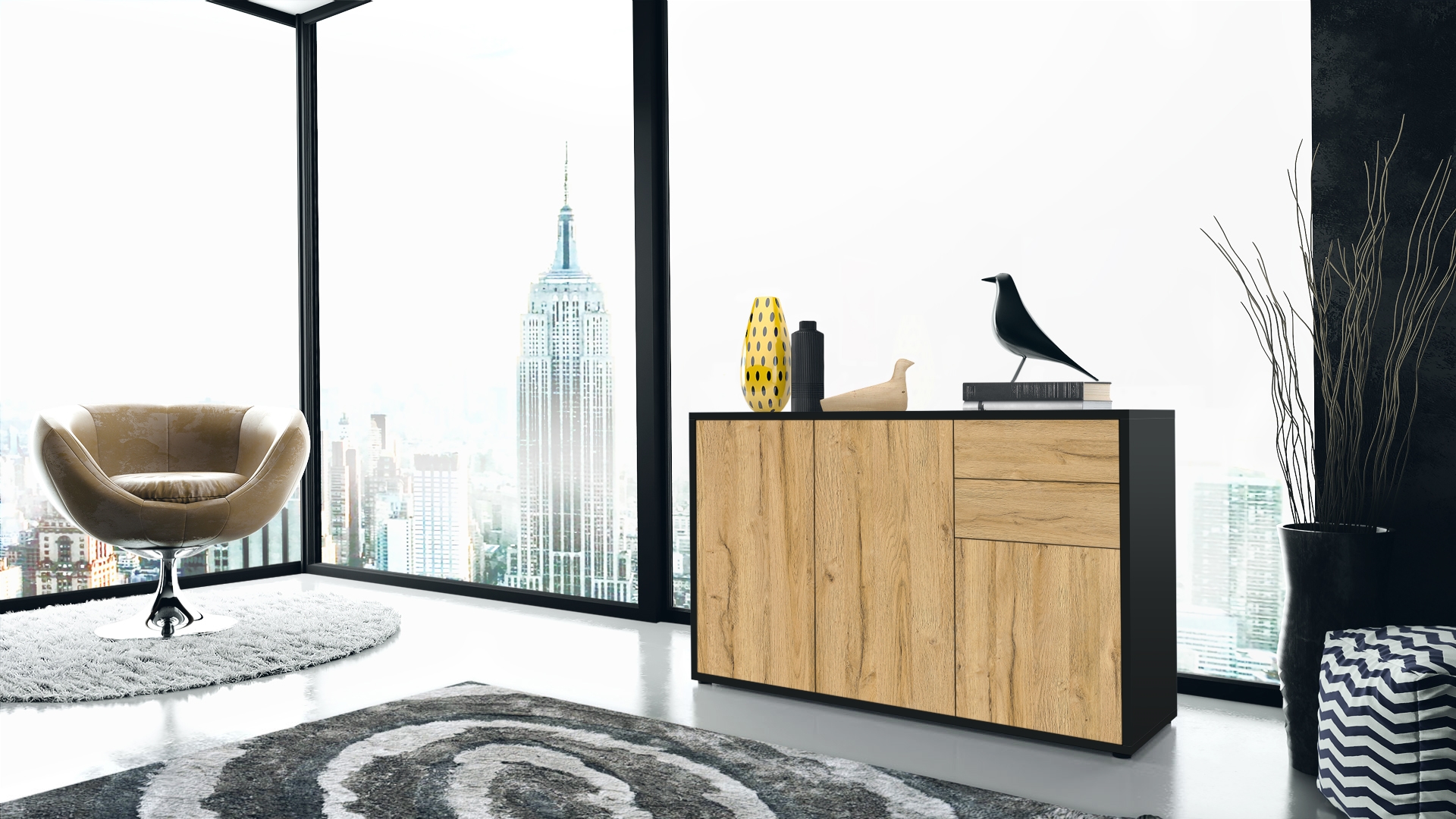 Kommode Ben V3  mit 3 Türen und 2 Schubladen Schwarz matt/Eiche Natur (117 x 74 x 36 cm)