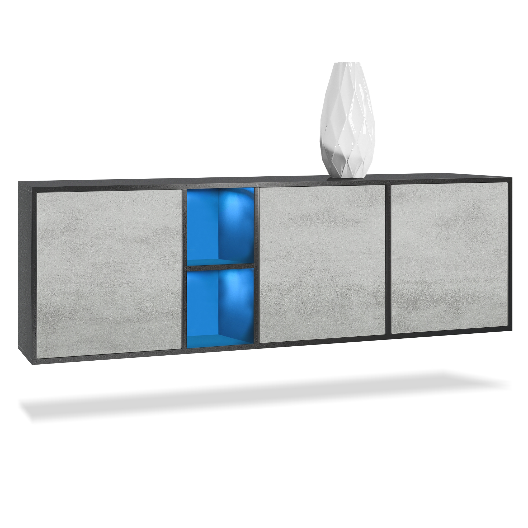 Sideboard Cuba  mit 3 Türen und 2 offene Fächer Schwarz matt/Beton Oxid Optik inkl. LED-Beleuchtung (182 x 53 x 35 cm)