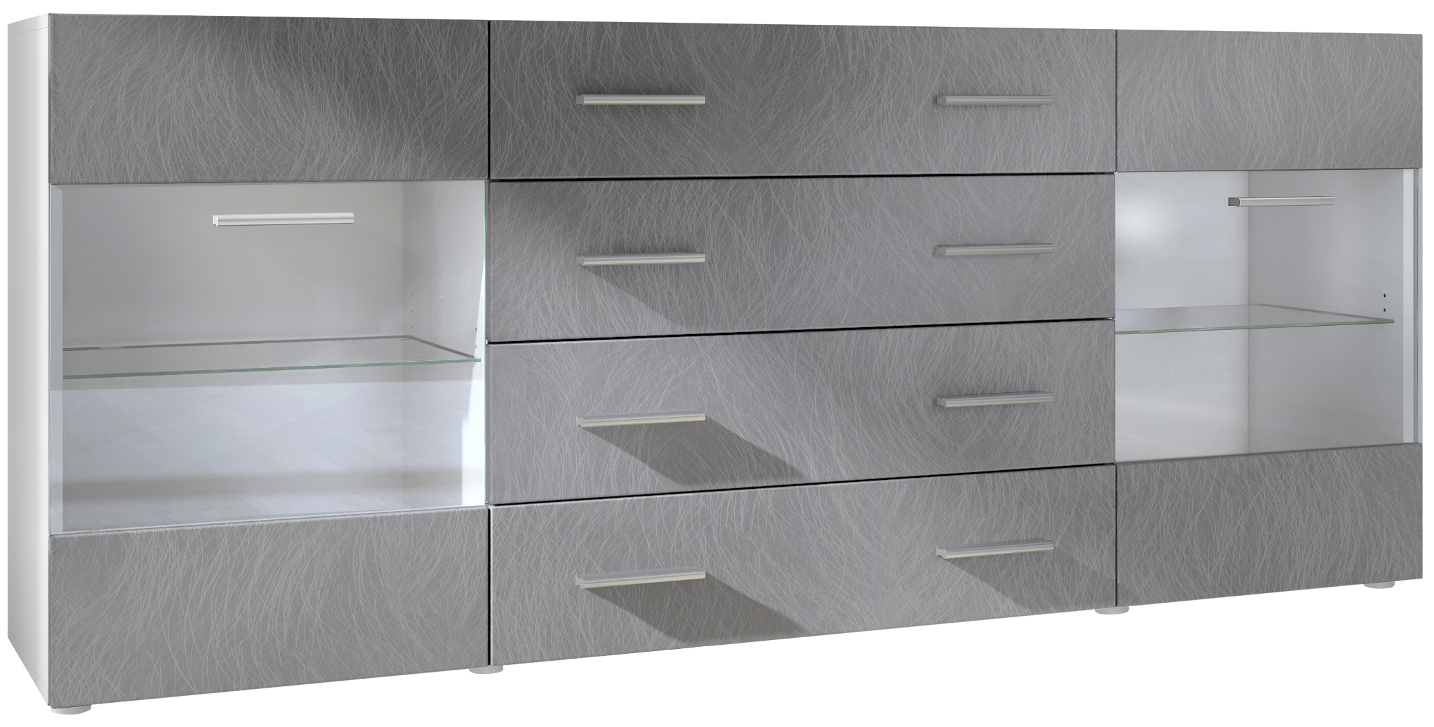 Sideboard Bari V2 4 Schubladen und 2 flexible Glaseinlegeböden Weiß matt/Scratchy Metal (166 x 72 x 35)