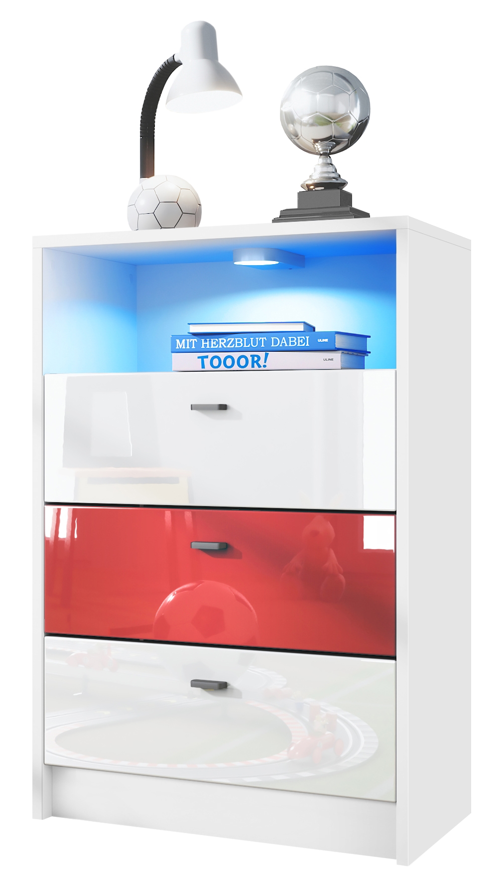 Pino V2 Kommode Fußball mit 3 Schubladen inkl. RGB LED Beleuchtung Fußball Liga Stuttgart - Weiß, Rot & Weiß glänzend (56x86,5x36 cm)