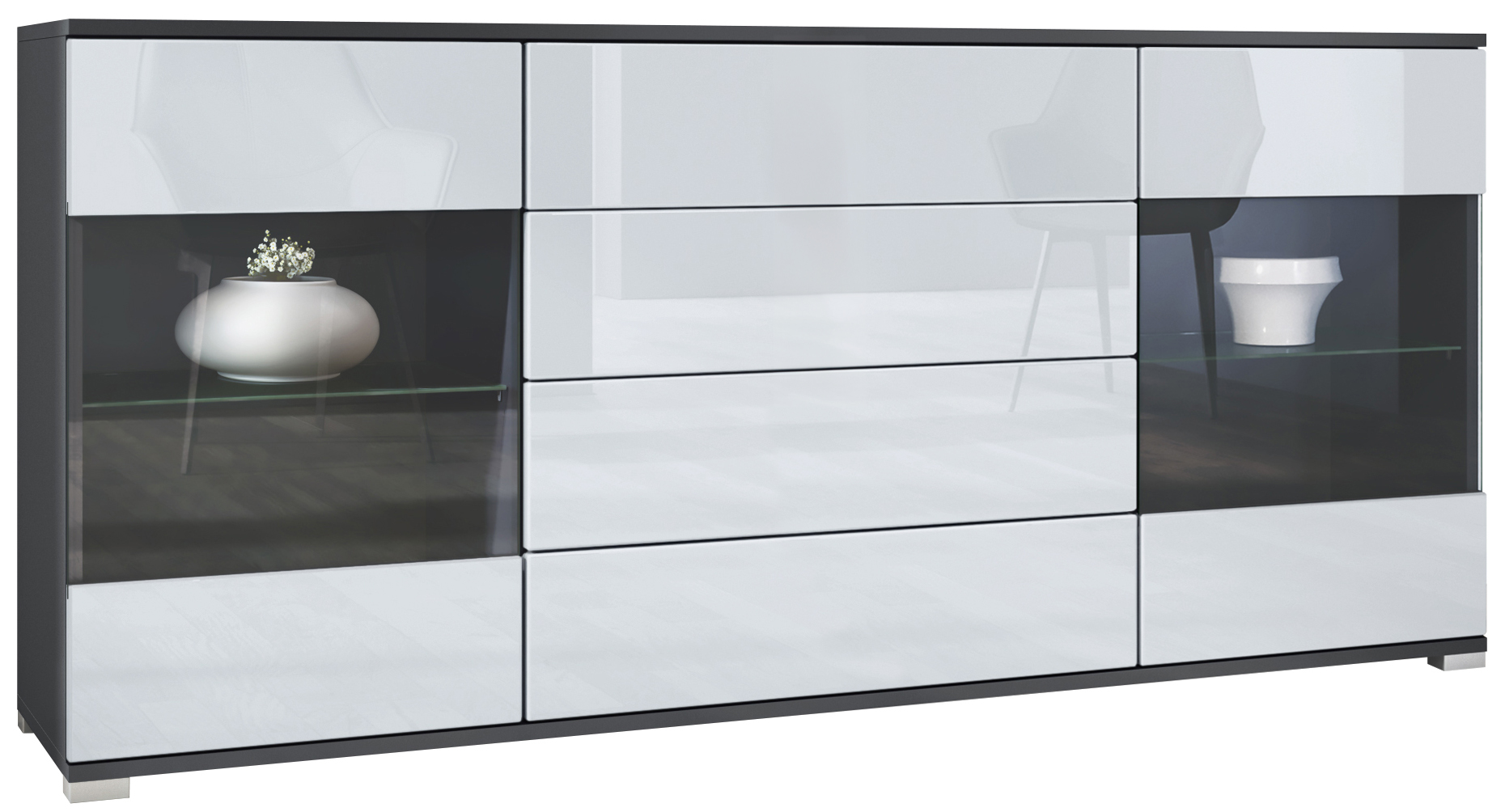 Sideboard Bari V2 Anthrazit 4 Schubladen und 2 flexible Glaseinlegeböden Anthrazit matt/Weiß Hochglanz (166,5 x 75,5 x 35)
