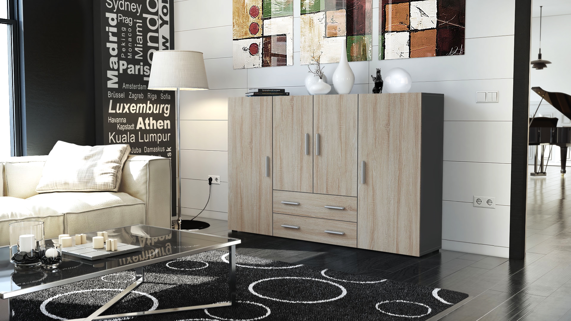 Highboard Nora  mit insgesamt 8 Fächer dahinter Anthrazit matt/Eiche sägerau (166,5 x 106,5 x 35 cm)