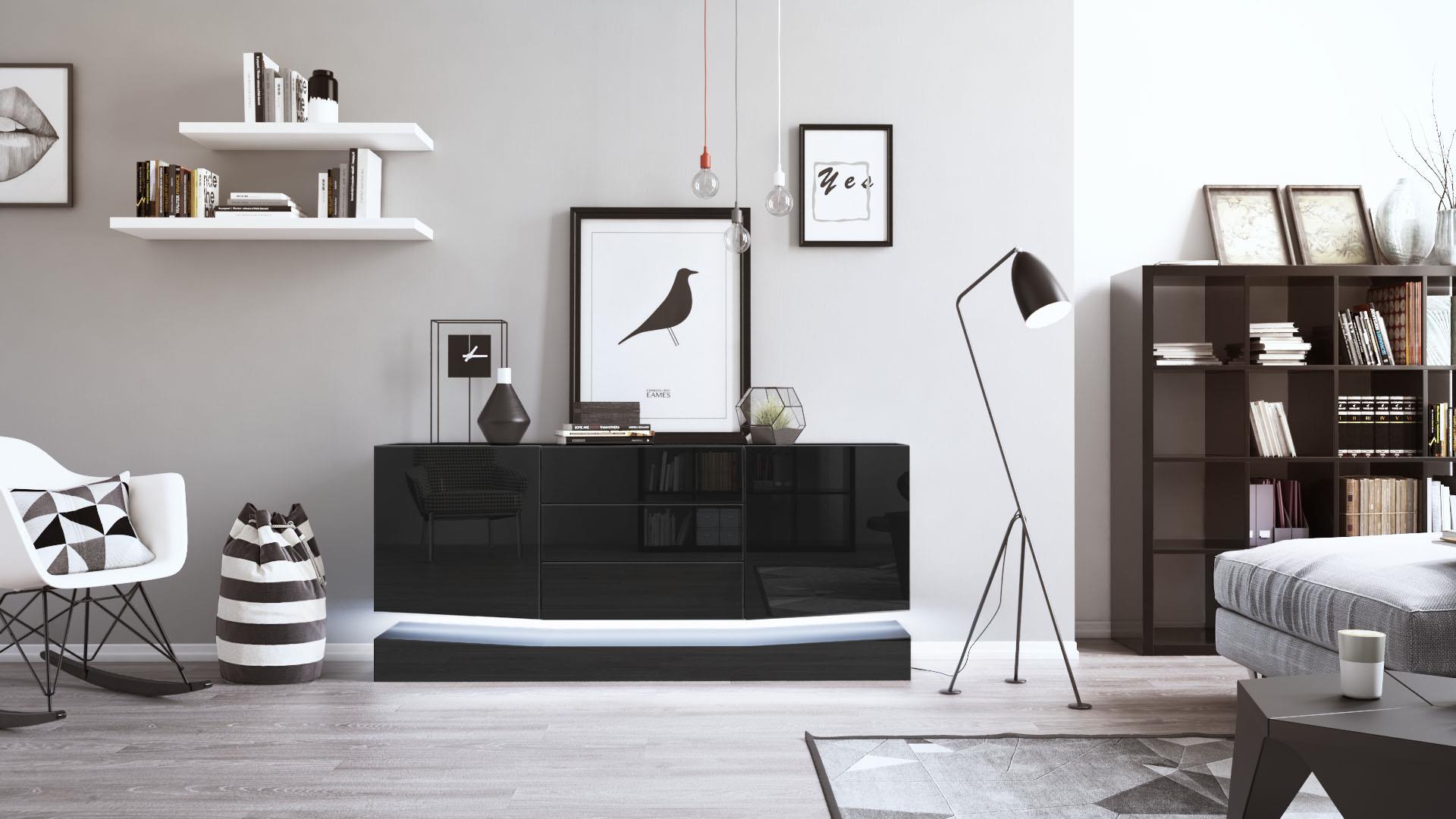 Sideboard City und 3 Schubladen inkl. LED-Beleuchtung,  Schwarz matt/Schwarz Hochglanz (178 x 72 x 38 cm)