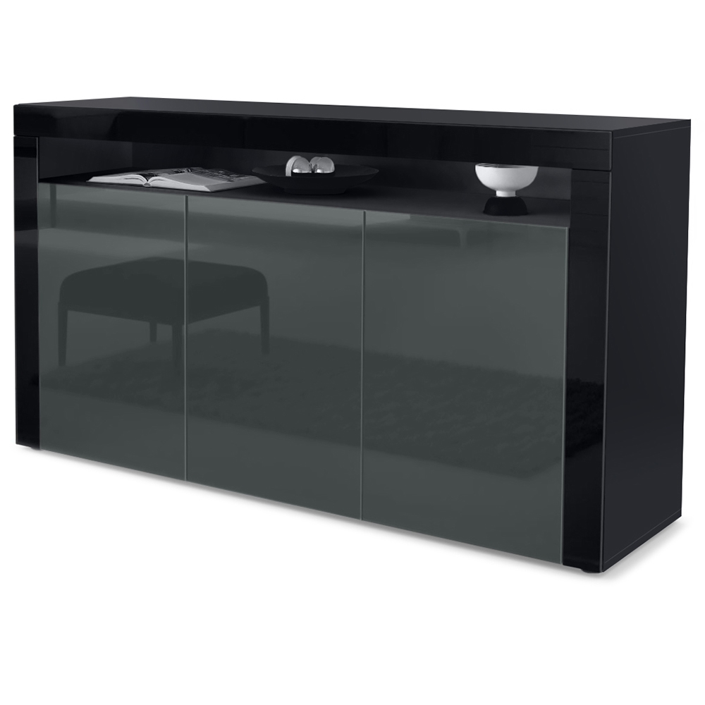 Sideboard Valencia mit 3 Türen und 1 offenem Fach Schwarz matt/Grau Hochglanz/Schwarz Hochglanz (155 x 92 x 40 cm)