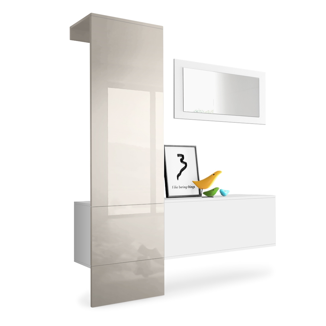 Garderobe Carlton Set 4 Weiß 3-tlg. 1 Paneel, 1 Schrankmodul und 1 Wandspiegel Weiß matt/Sandgrau Hochglanz (156 x 193 x 35 cm)