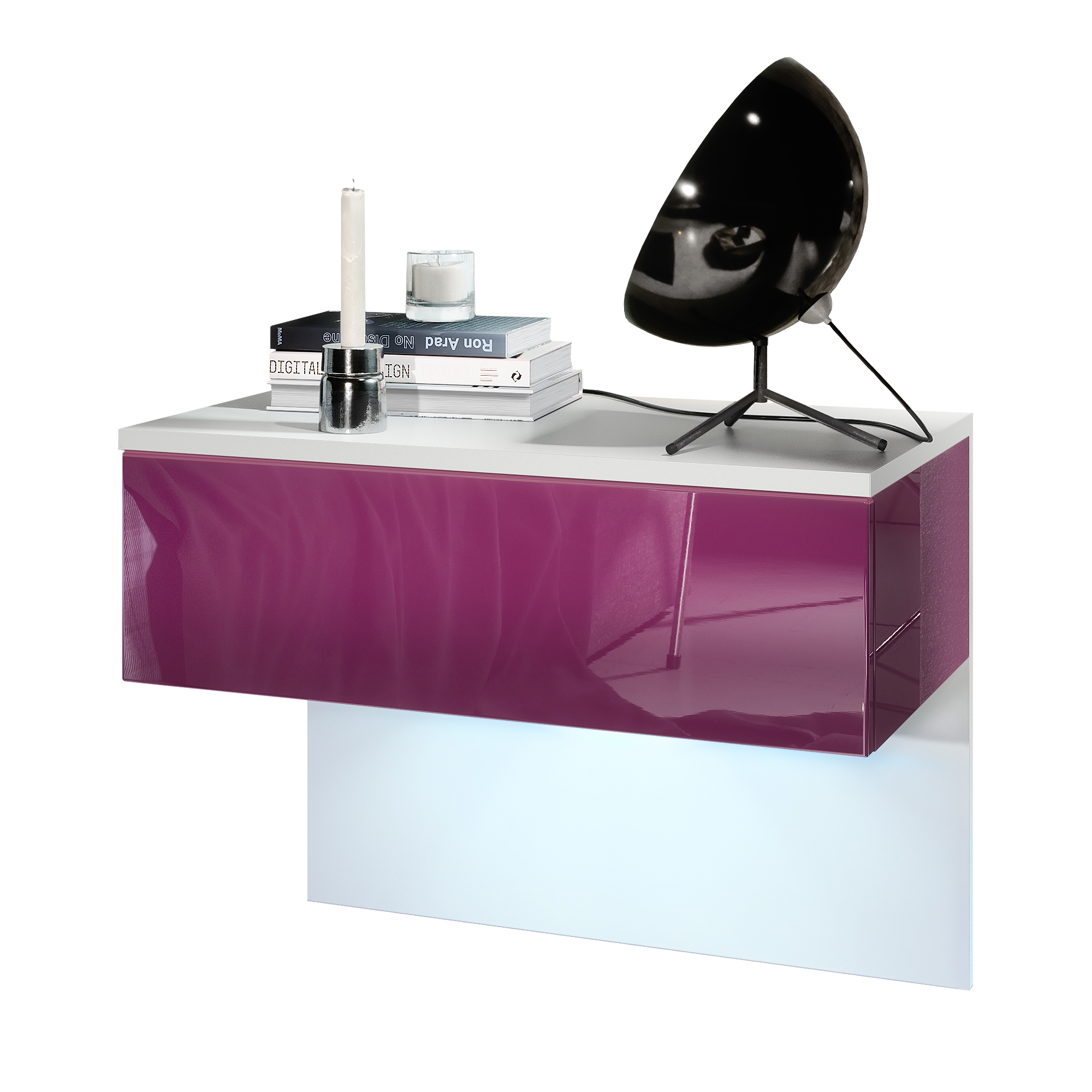 Nachttisch Sleep mit Schublade zur Wandmontage Weiß matt/Brombeer Hochglanz (60 x 46 x 35 cm)