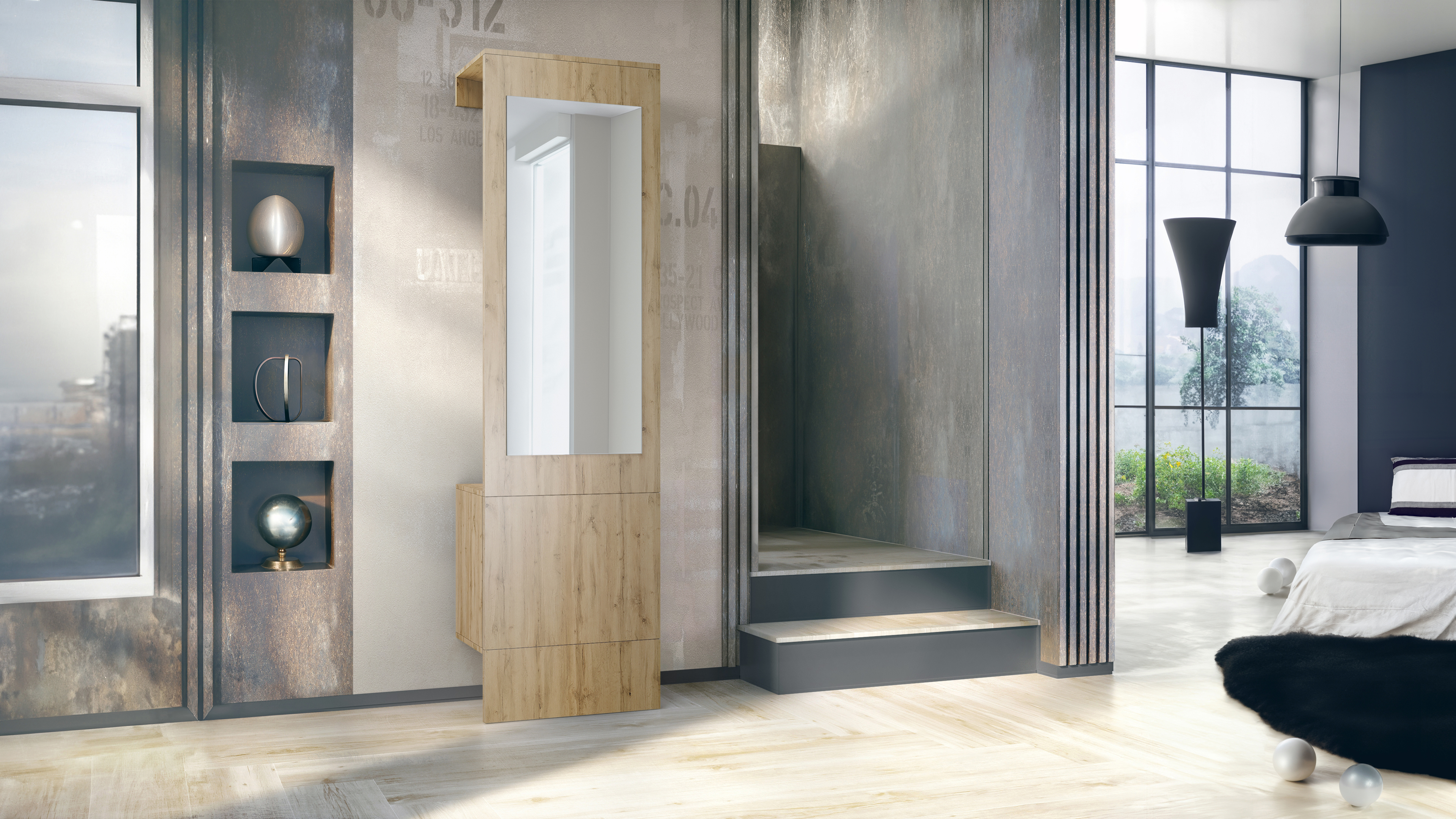 Garderobe Carlton Neo 1-tlg. mit Spiegel, Kleiderstange & Wandschrank Eiche Evoke (52 x 193 x 35 cm)