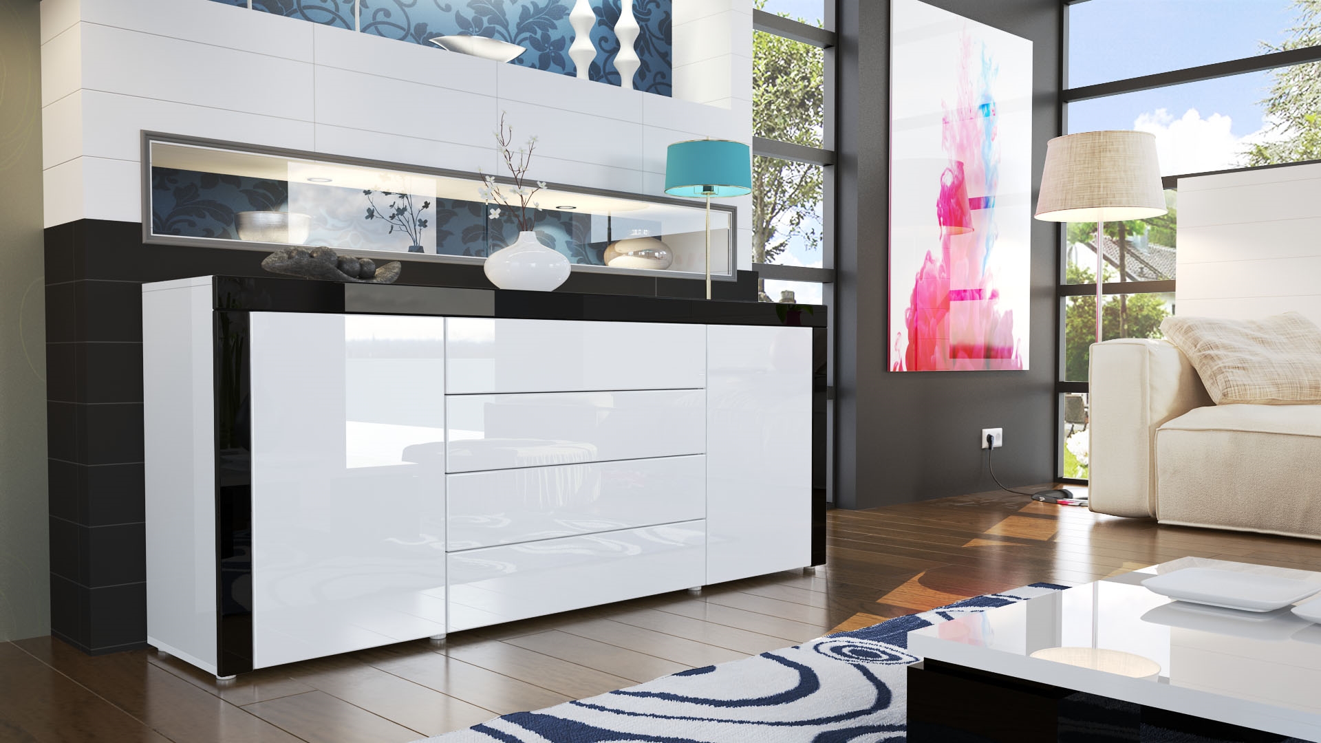 Sideboard La Paz mit 2 Türen und 4 Schubladen Weiß Hochglanz / Schwarz Hochglanz (167 x 72 x 35)