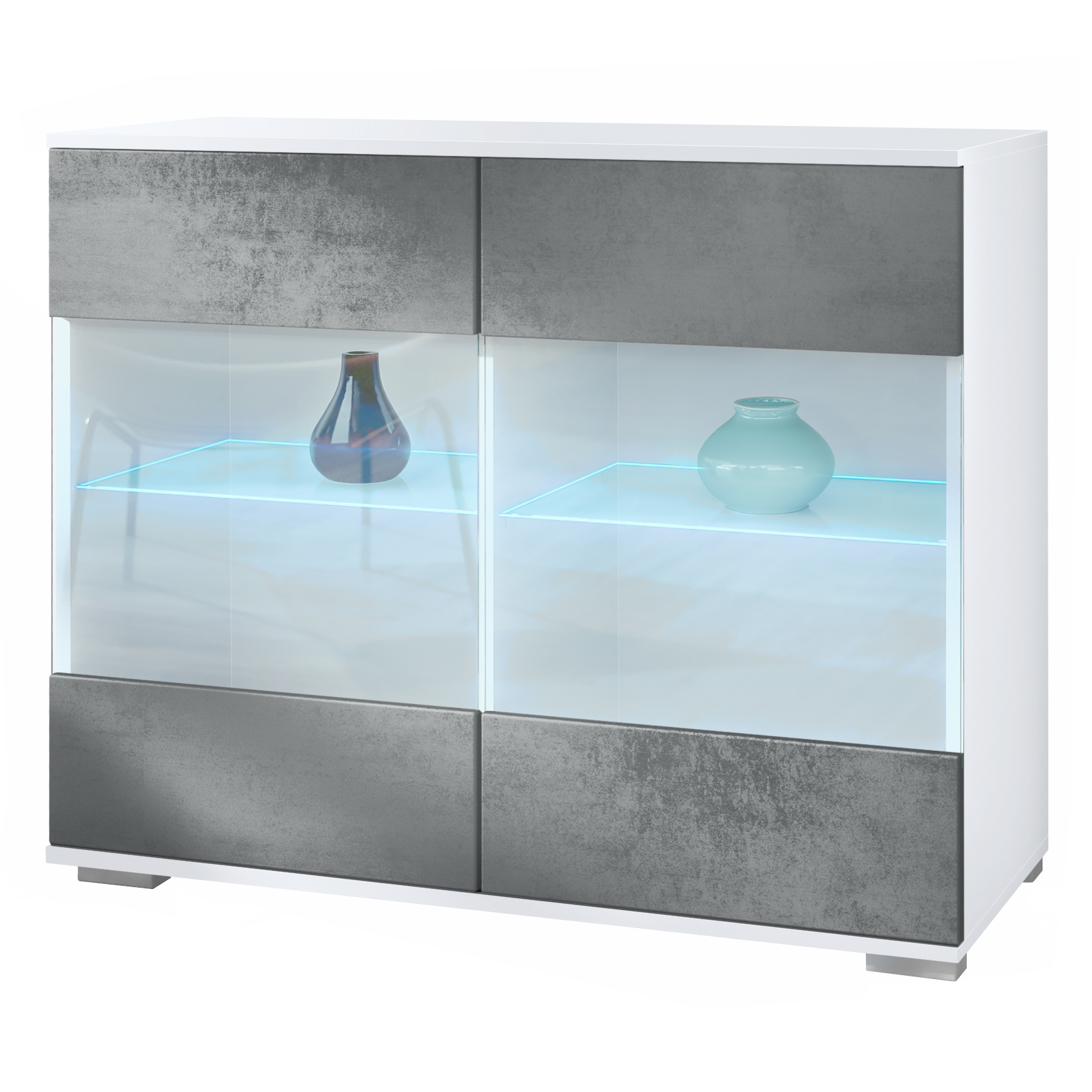 Bari V3 Kommode Weiß + LED mit 2 großen Glastüren inkl. RGB Beleuchtung Weiß matt / Beton Dunkel Optik (92,5 x 75.5 x 35)