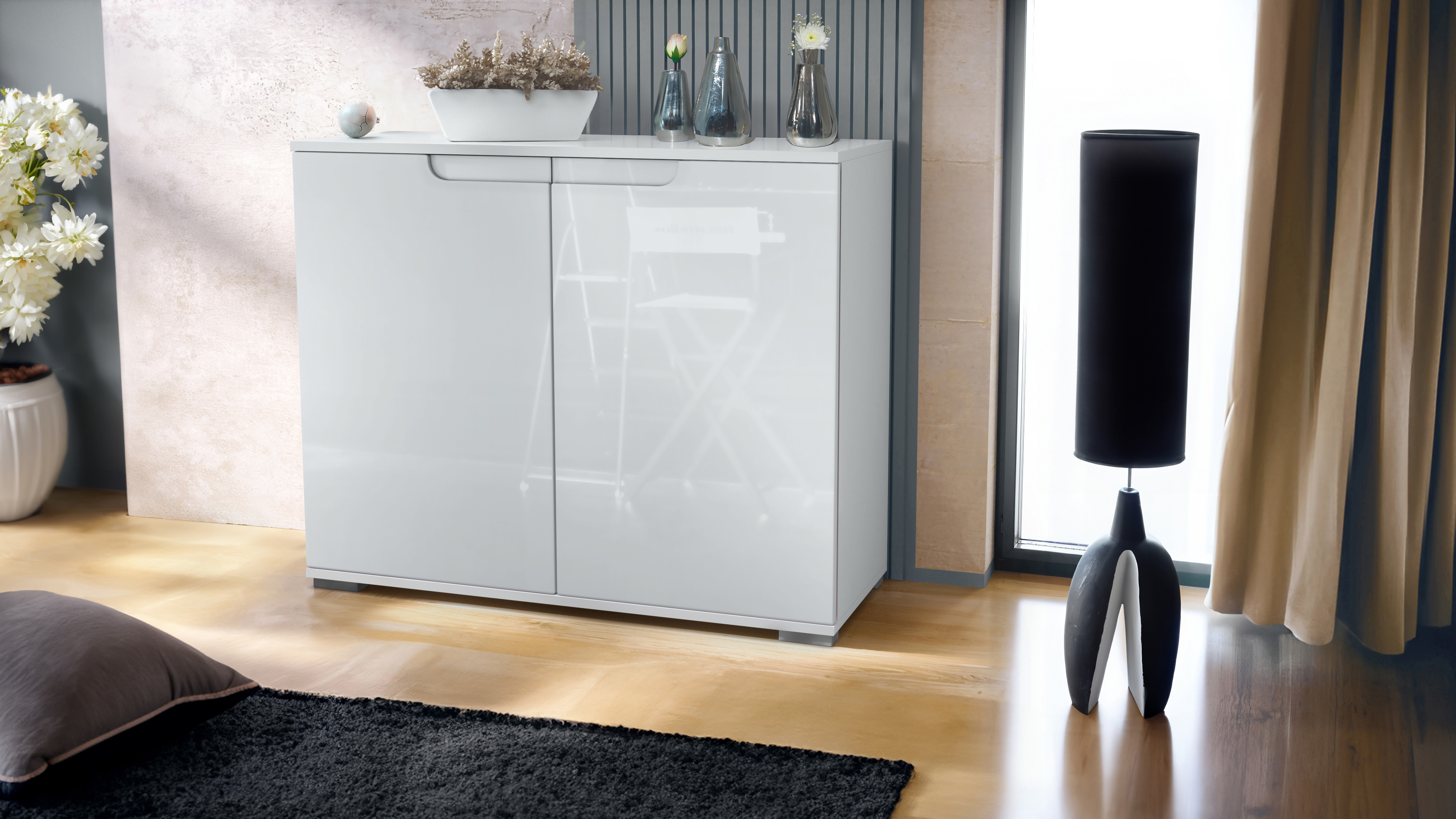 Sylt V3 Kommode Weiß mit 2 großen Türen Weiß matt / Weiß Hochglanz (92,5 x 75.5 x 35)