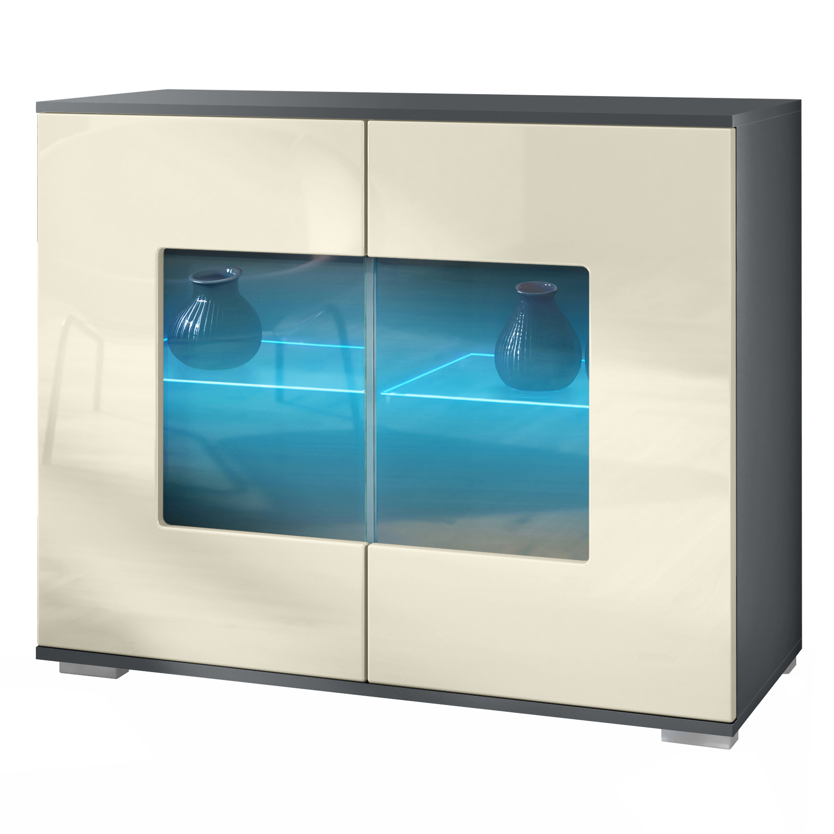 Grömitz V3 Kommode Anthrazit + LED mit 2 großen Glastüren inkl. RGB Beleuchtung Anthrazit matt / Creme Hochglanz (92,5 x 75.5 x 35)