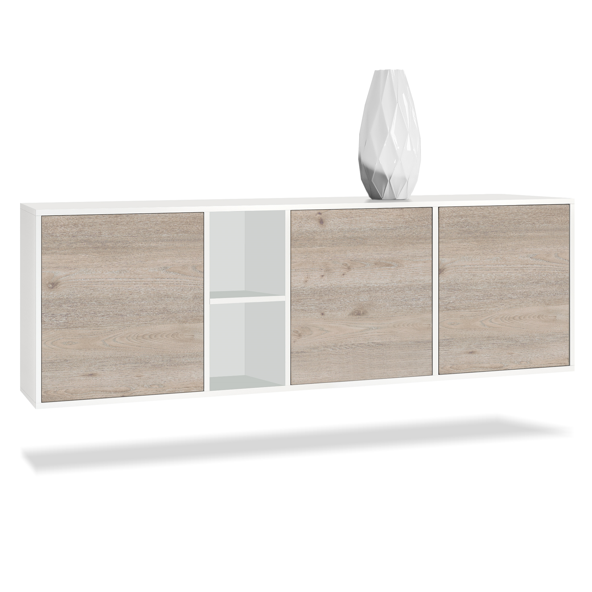 Sideboard Cuba mit 3 Türen und 2 offene Fächer Weiß matt/Eiche Nordic (182 x 53 x 35 cm) Sideboard Cuba mit 3 Türen und 2 offene Fächer Weiß matt/Eiche Nordic (182 x 53 x 35 cm)