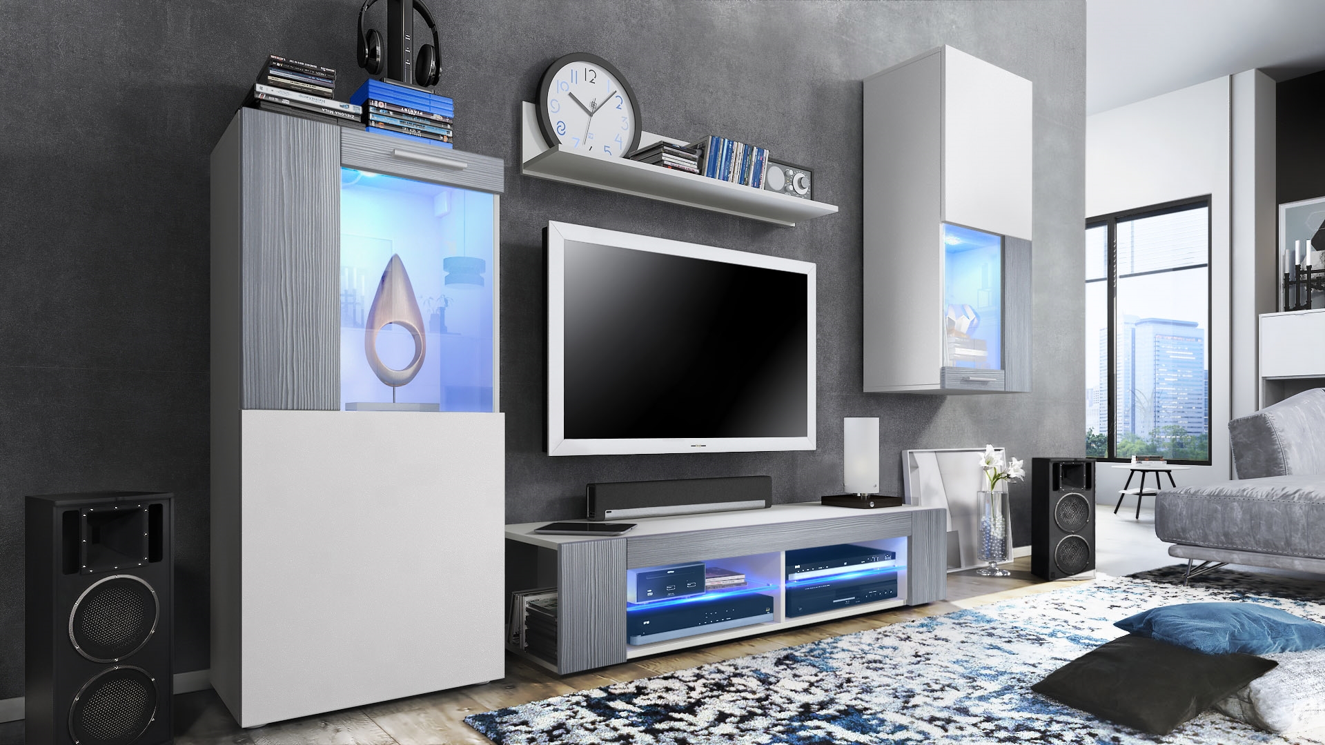 Wohnwand Movie 4-tlg. Weiß mit blauer LED  bestehend aus 1 TV-Board, 2 Vitrinen und 1 Regal Weiß matt/Weiß matt/Avola-Anthrazit mit Beleuchtung (300x190x39 cm)