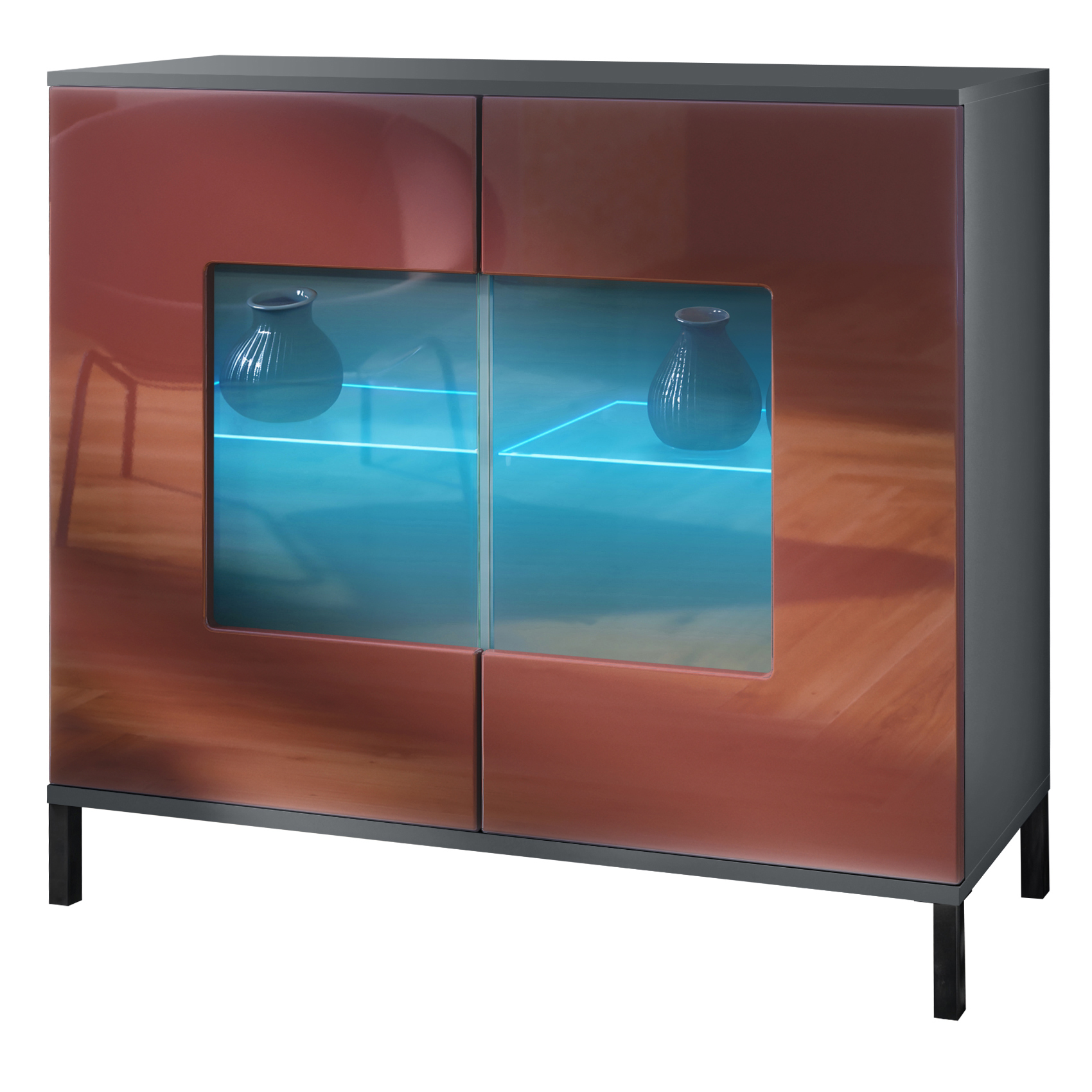 Grömitz V3 Kommode Anthrazit + LED mit 2 großen Glastüren inkl. RGB Beleuchtung Anthrazit matt / Bordeaux Hochglanz (92,5 x 83.5 x 35)