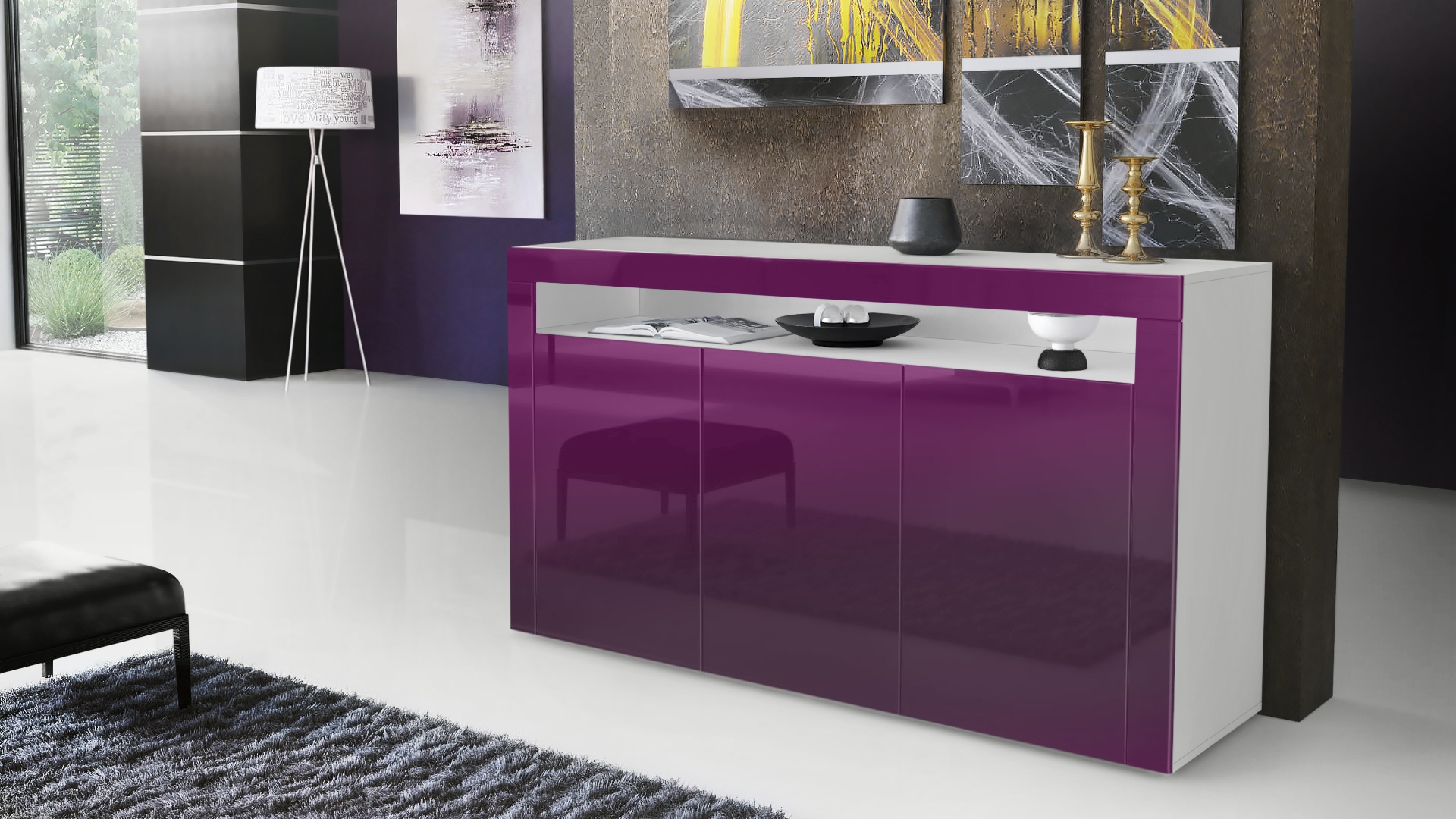 Sideboard Valencia mit 3 Türen und 1 offenem Fach Weiß matt/Brombeer Hochglanz/Brombeer Hochglanz (155 x 92 x 40 cm)