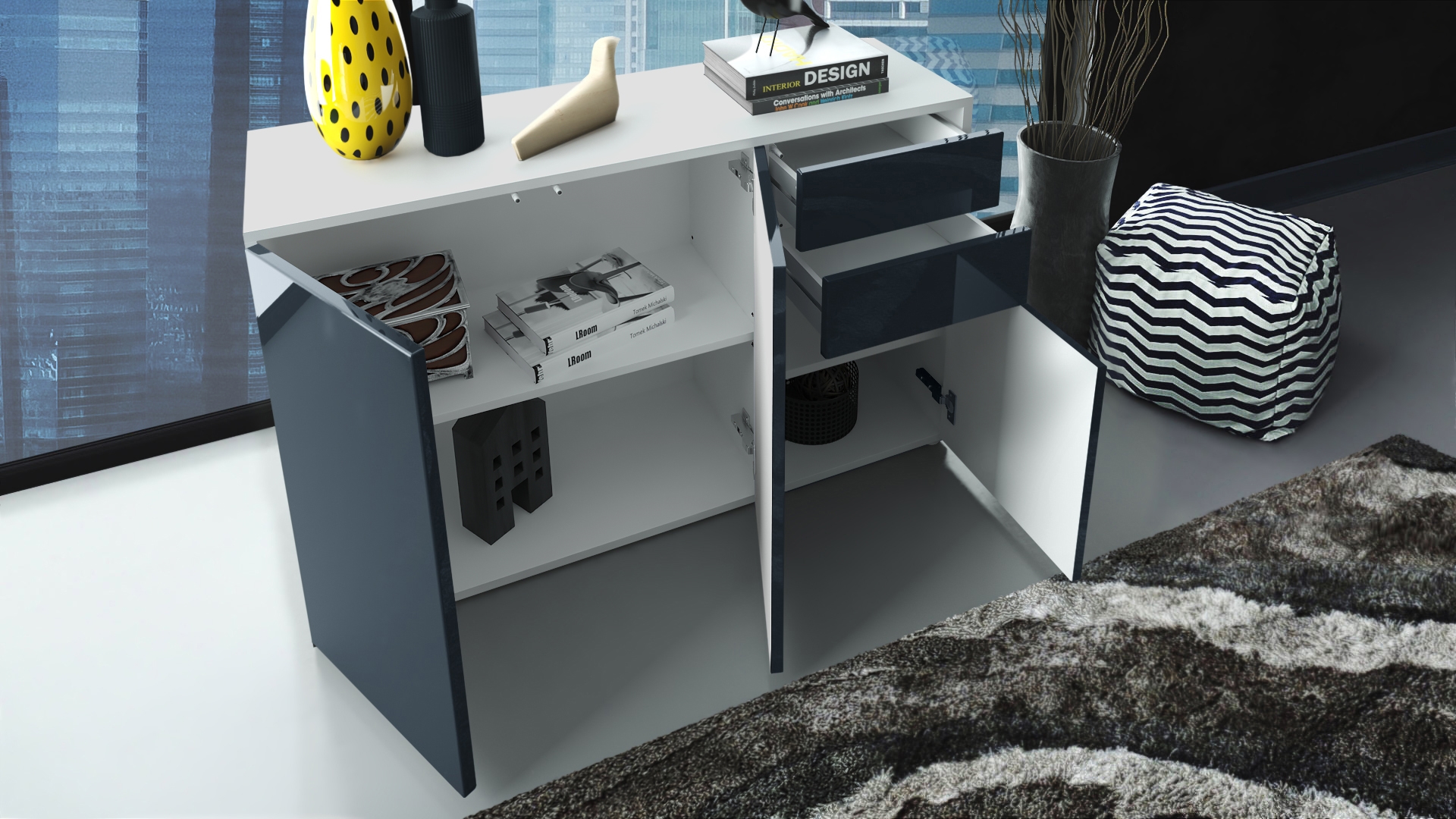 Kommode Ben V3 mit 3 Türen und 2 Schubladen Weiß matt/Grau Hochglanz (117 x 74 x 36 cm) | Front in Grau Hochglanz | Korpus matt