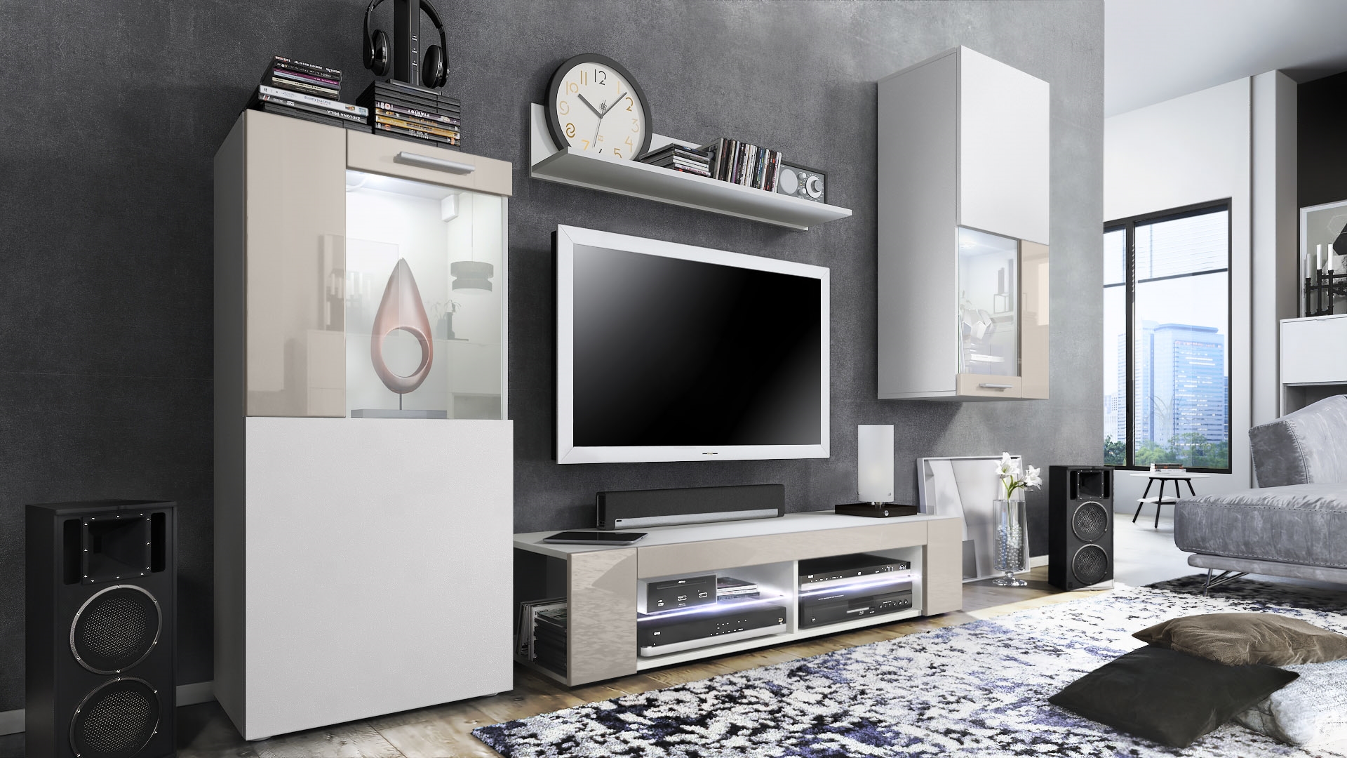 Wohnwand Movie 4-tlg. Weiß mit weißer LED  bestehend aus 1 TV-Board, 2 Vitrinen und 1 Regal Weiß matt/Weiß matt/Sandgrau Hochglanz mit Beleuchtung (300x190x39 cm)