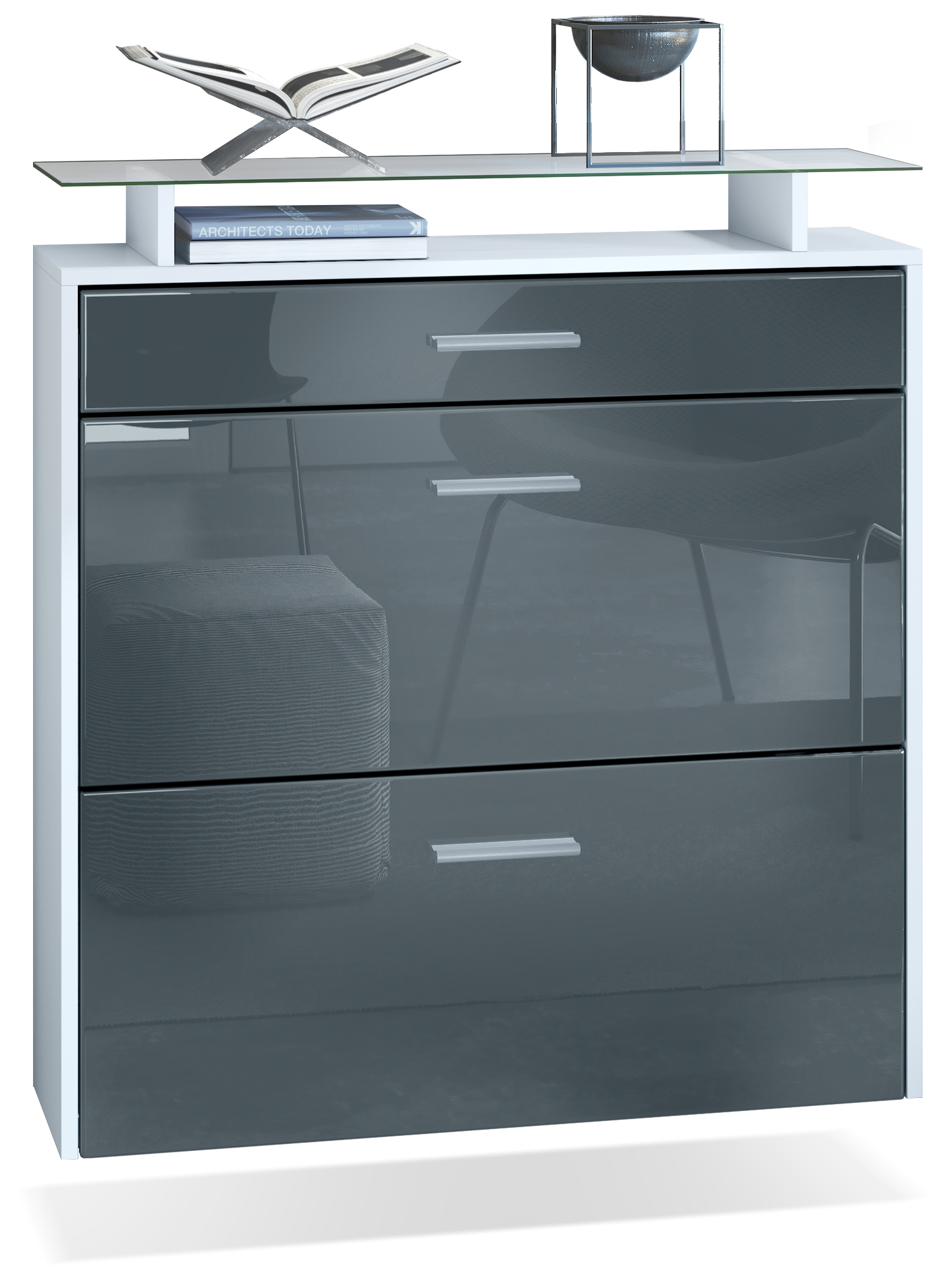Schuhschrank Malea mit 2 Klappen und 1 Schublade und Glasablage Weiß matt/Grau Hochglanz (89 x 96 x 23 cm)