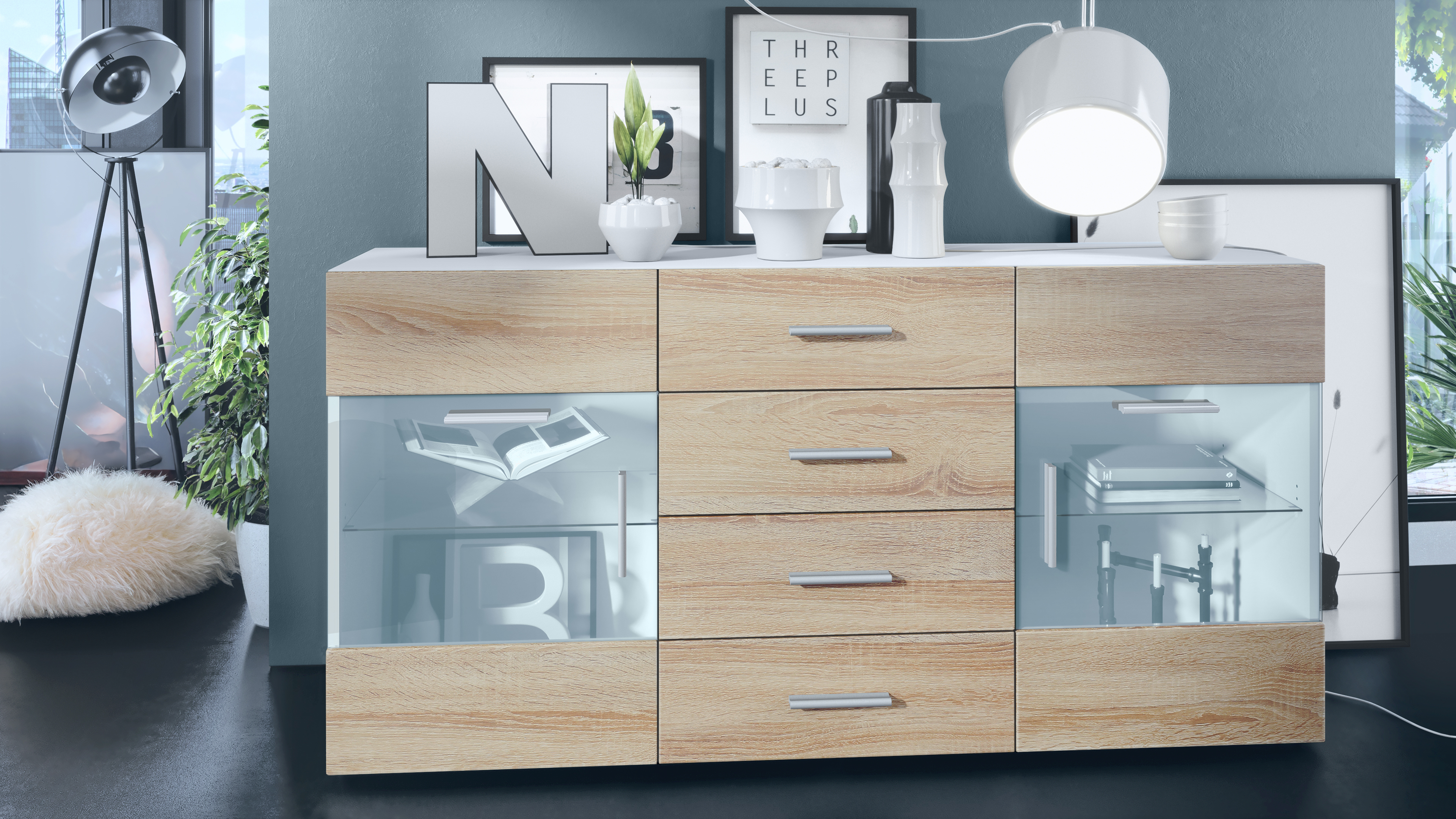 Sideboard Bari V1 ​ 4 Schubladen und 2 flexible Glaseinlegeböden Weiß matt/Eiche sägerau (139 x 72 x 35)