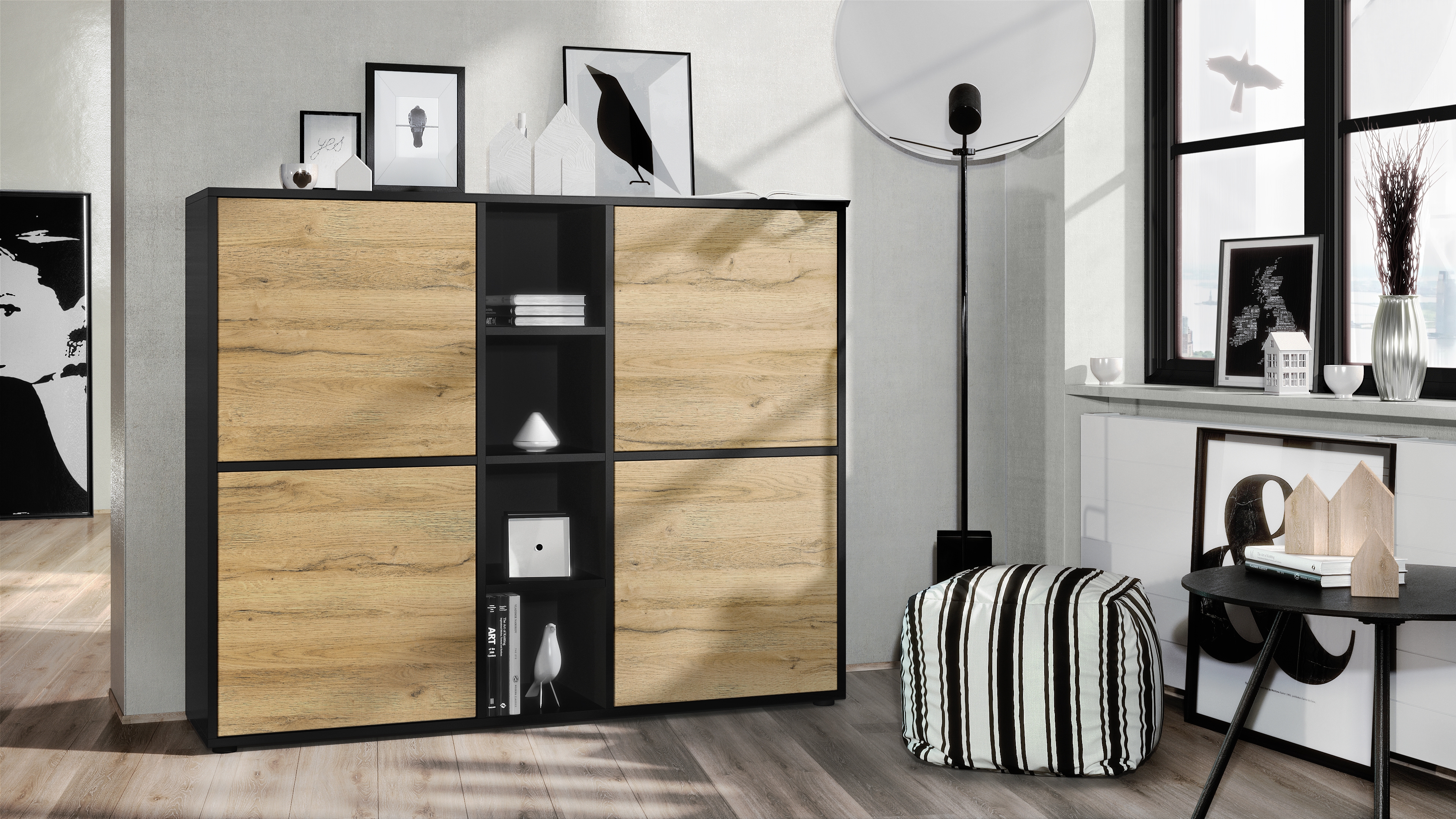 Highboard Cuba V3  Schrank Anrichte Cuba V3 mit 12 Fächern Korpus in Schwarz matt / Fronten in Eiche Natur (130,5x105,5x35,5 cm)