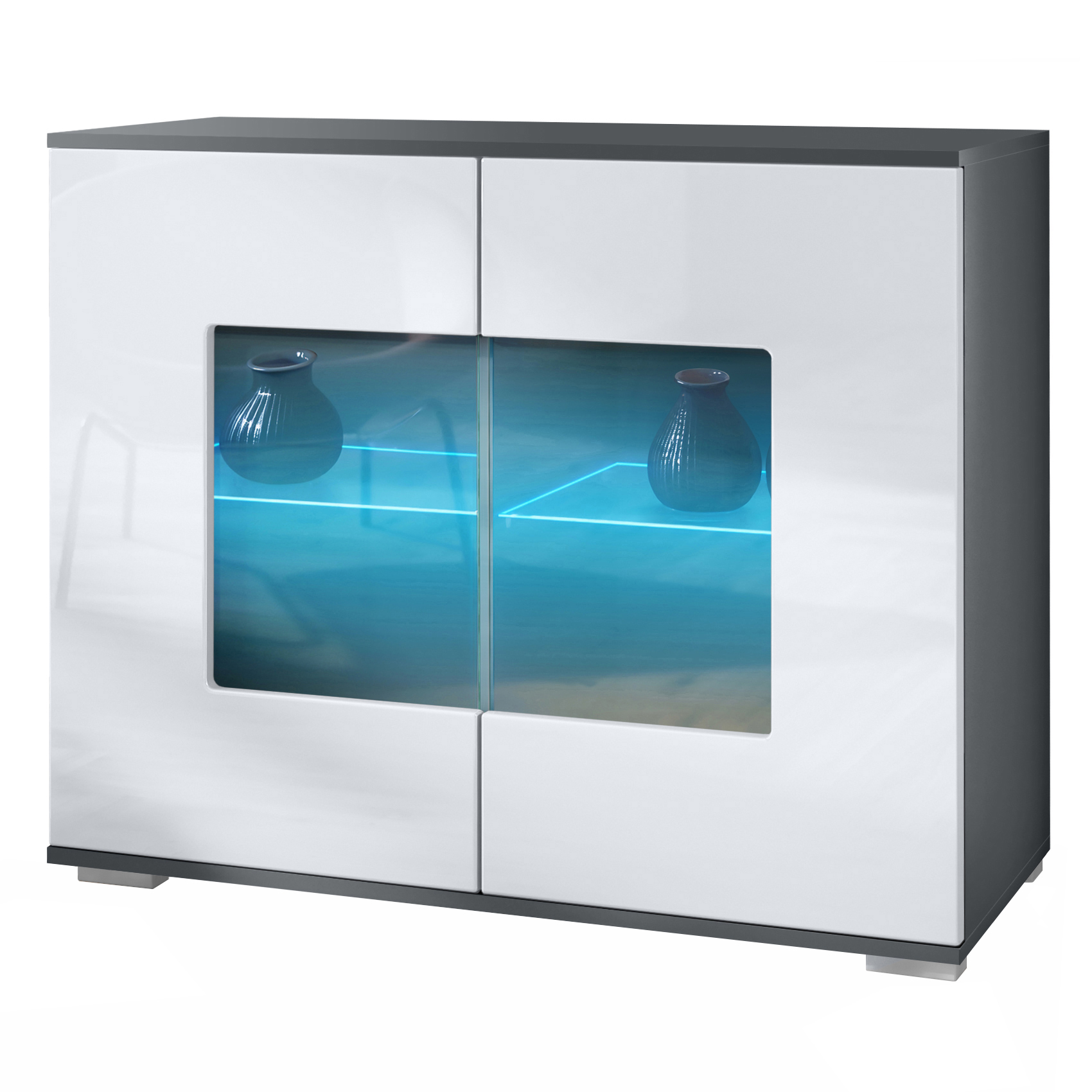 Grömitz V3 Kommode Anthrazit + LED mit 2 großen Glastüren inkl. RGB Beleuchtung Anthrazit matt / Weiß Hochglanz (92,5 x 75.5 x 35)