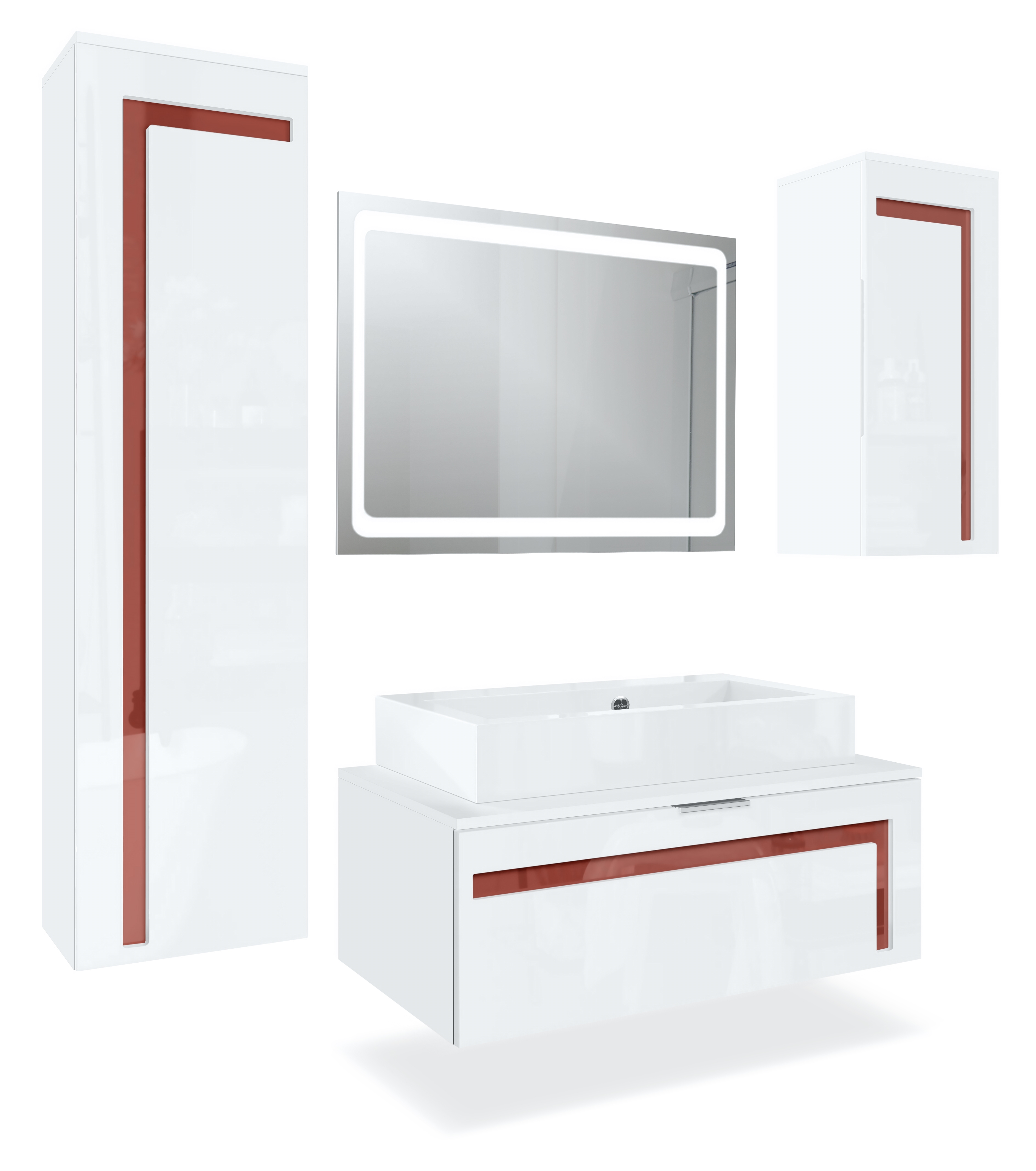Badmöbel-Set Aloha V2 Unterschrank, Waschbecken und LED-Spiegel Weiß matt&glänzend, Absetzungen in Bordeaux glänzend (189x193x51cm)