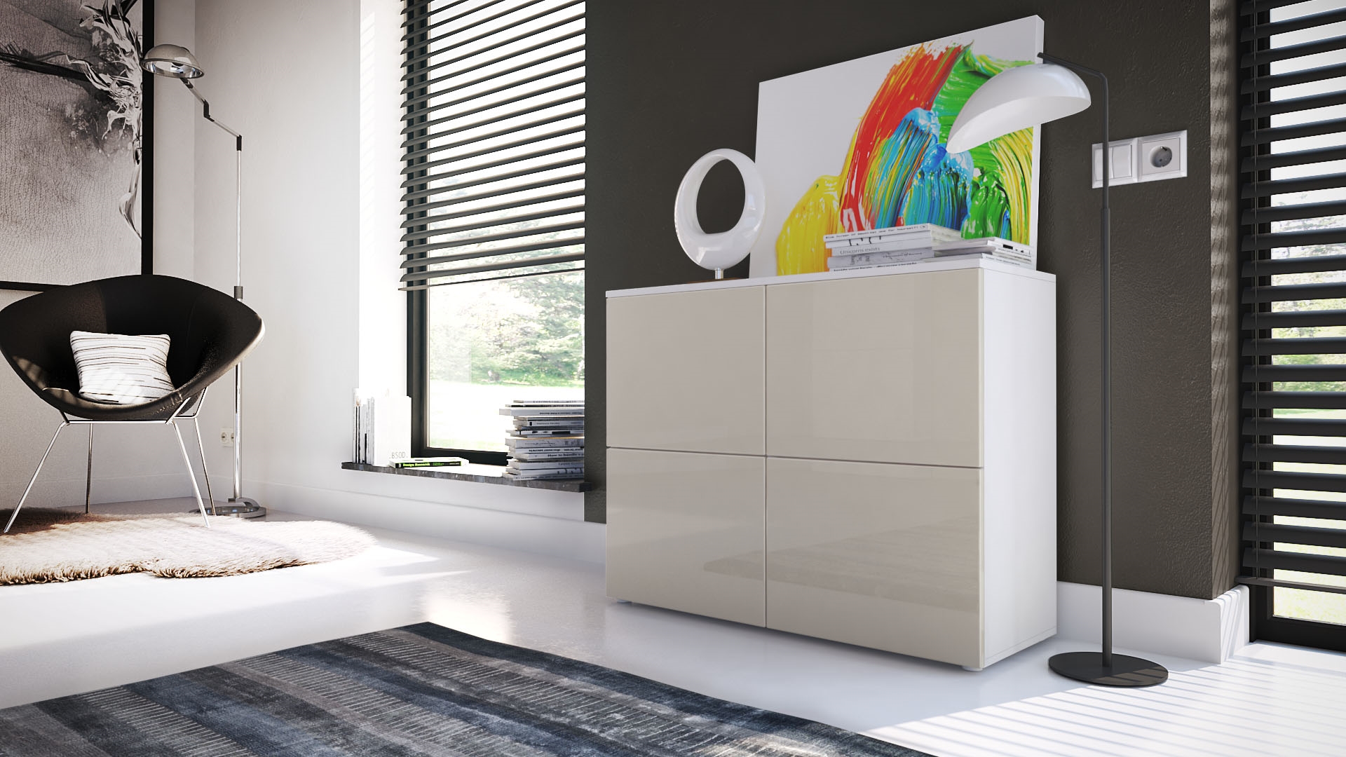 Kommode Rova mit 4 Türen Weiß matt/Sandgrau Hochglanz (92 x 72 x 35 cm)