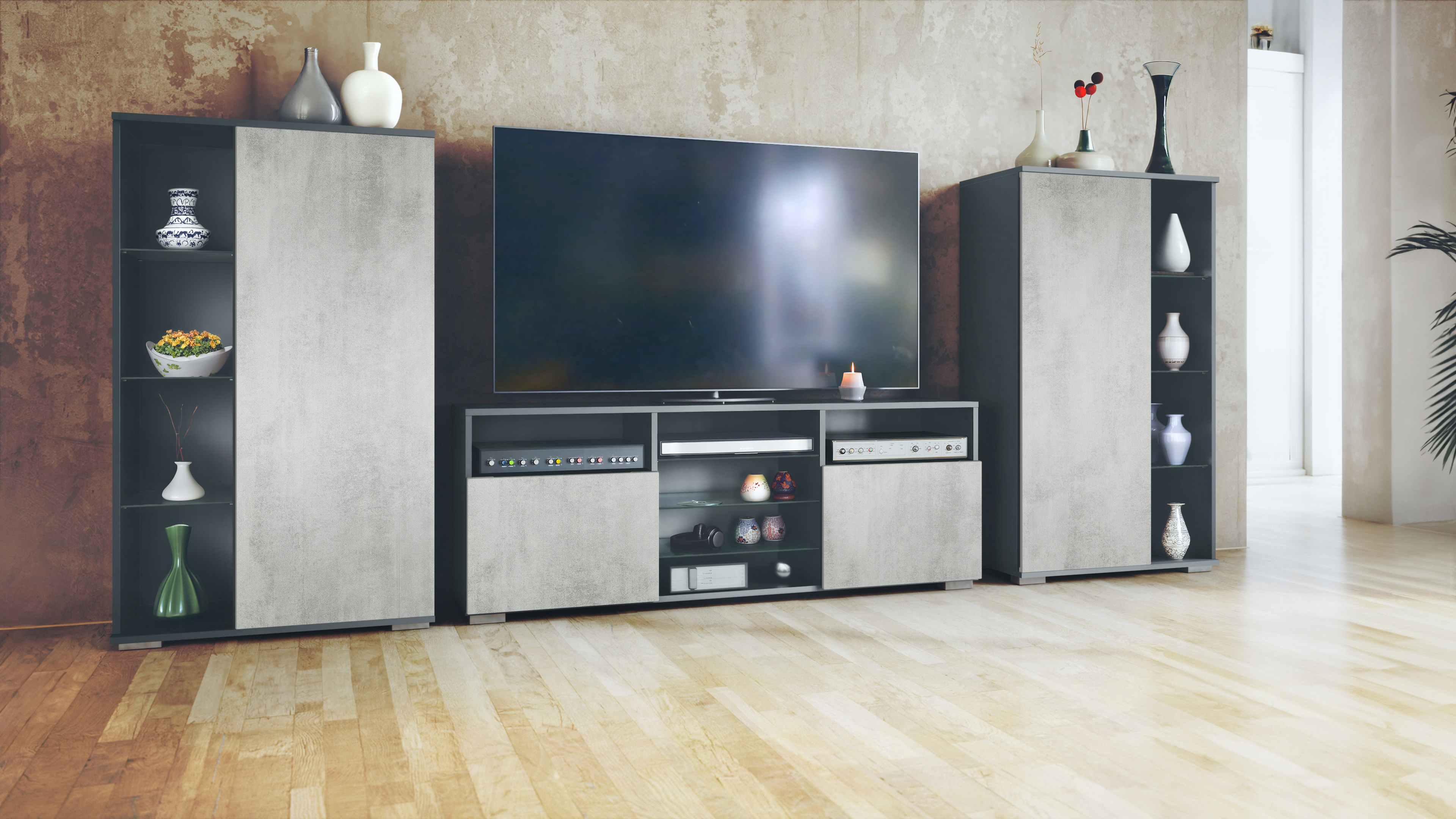 Wohnwand Davos 3-tlg. bestehend aus 2 Vitrinen und 1 TV-Board Anthrazit matt/Beton Oxid Optik (329 x 134 x 35 cm)
