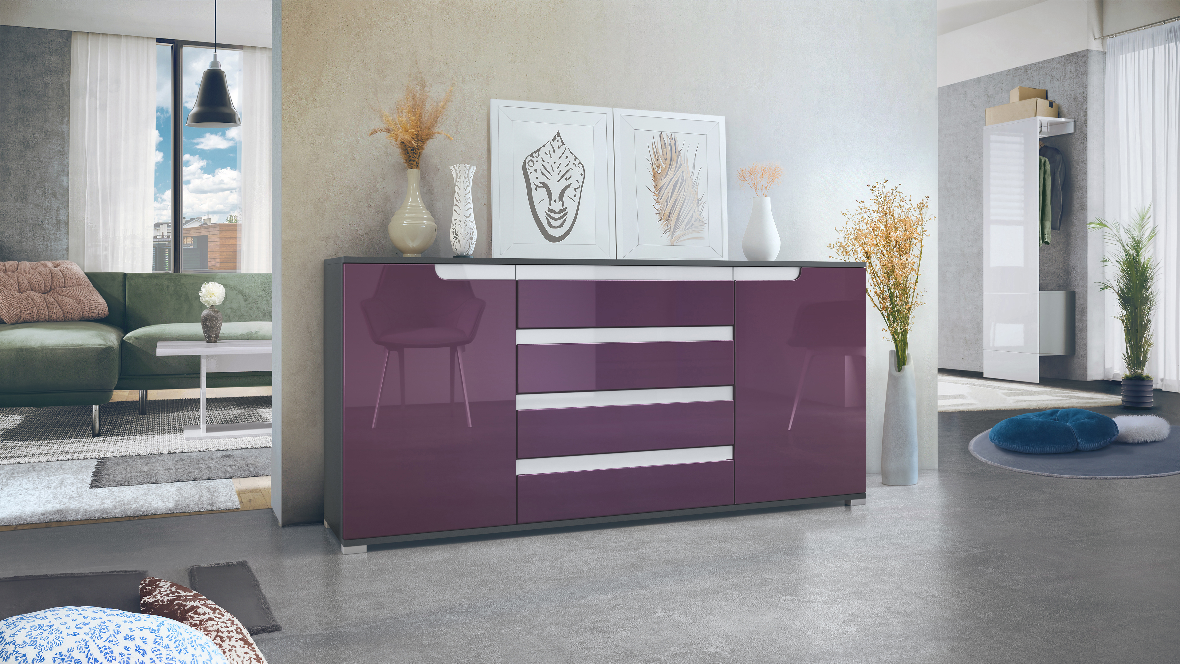 Sideboard Sylt V2 Anthrazit Korpus - Anthrazit matt / Front - Brombeer Hochglanz / Absetzung - Weiß Hochglanz (166,5 x 75,5 x 35 cm)