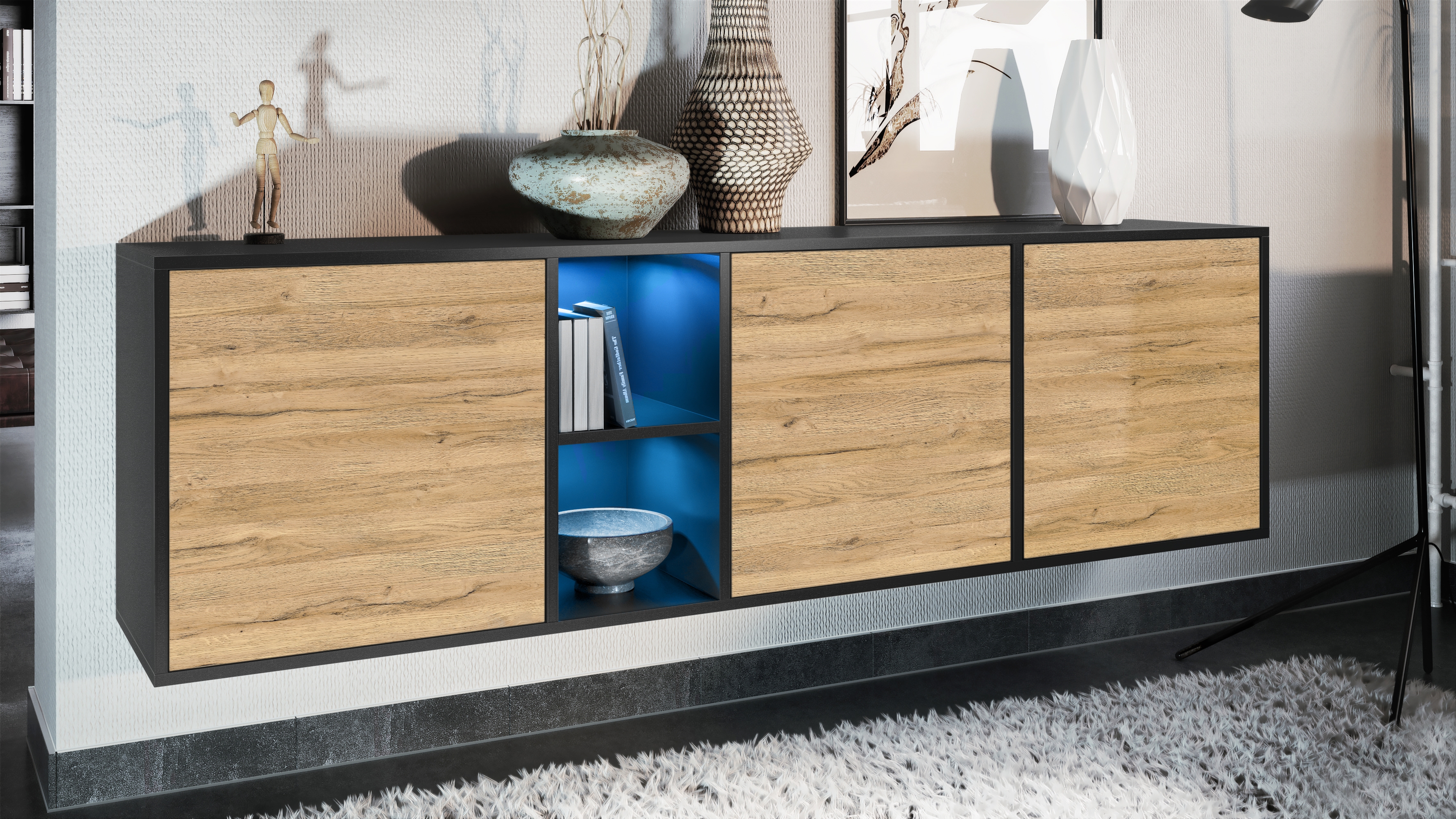 Sideboard Cuba  mit 3 Türen und 2 offene Fächer Schwarz matt/Eiche Natur inkl. LED-Beleuchtung (182 x 53 x 35 cm)