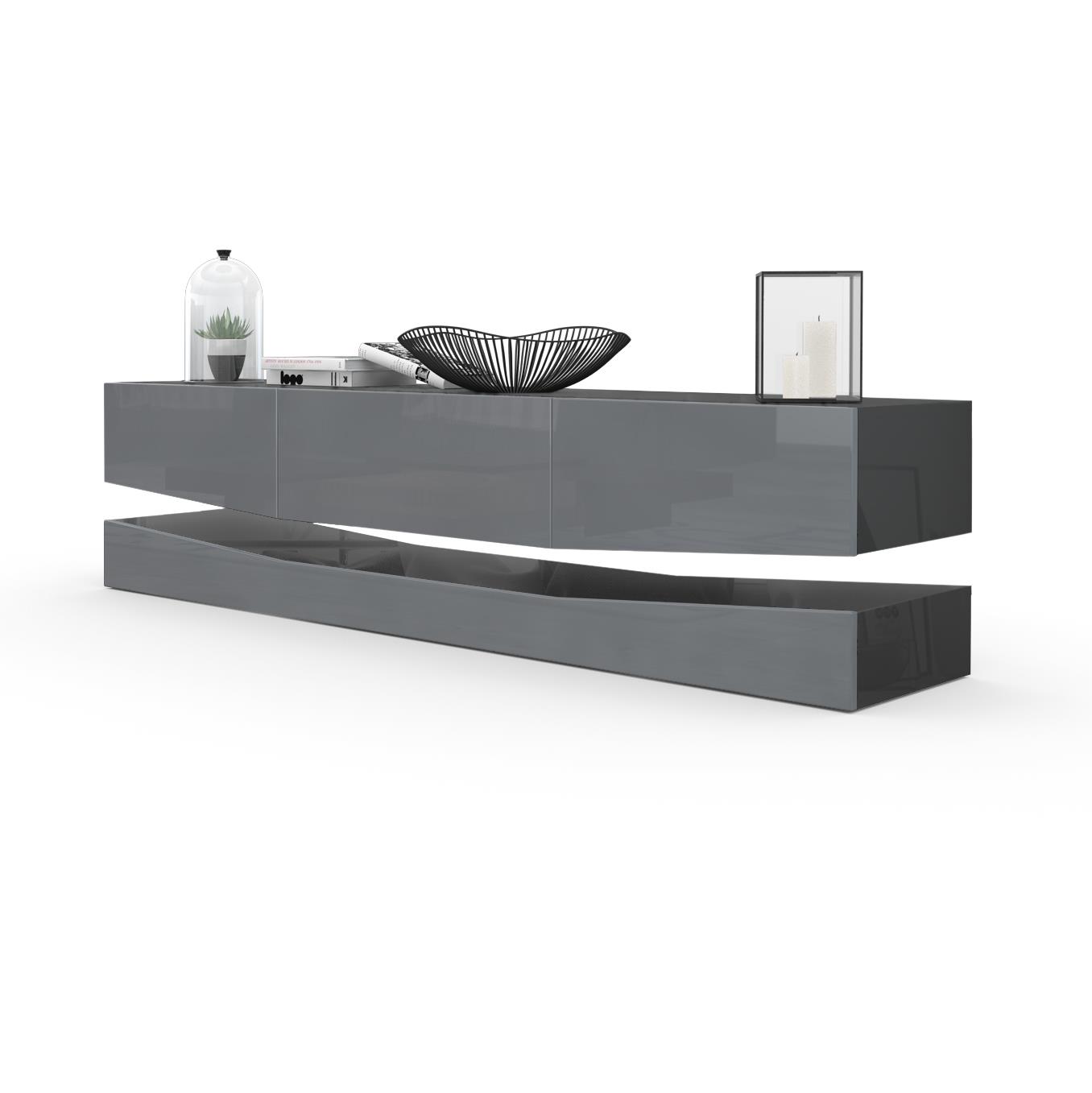 Lowboard City 1 offenem Fach und 3 Schubkästen Schwarz Hochglanz/Grau Hochglanz (178 x variabel x 39 cm)