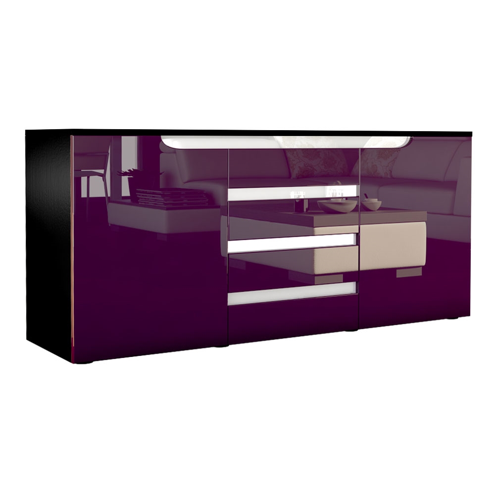 Sideboard Sylt mit 2 Türen und 4 Schubladen Schwarz matt/Brombeer Hochglanz/Weiß Hochglanz (139 x 72 x 35)