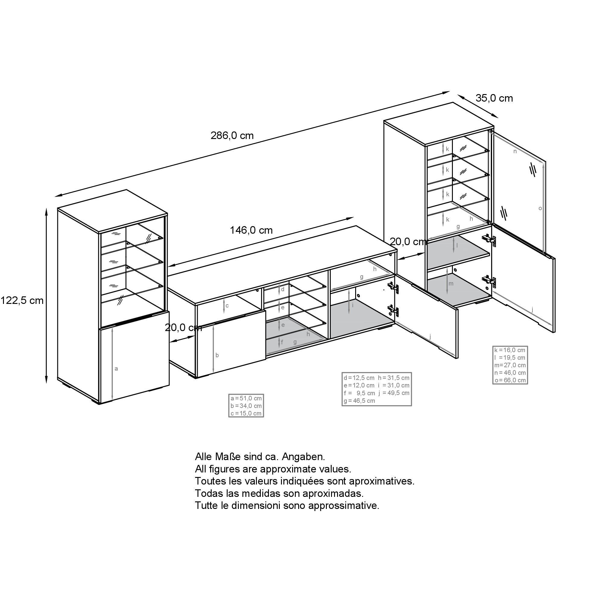 Wohnwand 3-tlg. Granada Weiß LED bestehend aus 2 Vitrinen, 1 TV-Board und LED-Beleuchtung False/Beton Dunkel Optik (286 x 122,5 x 35 cm)