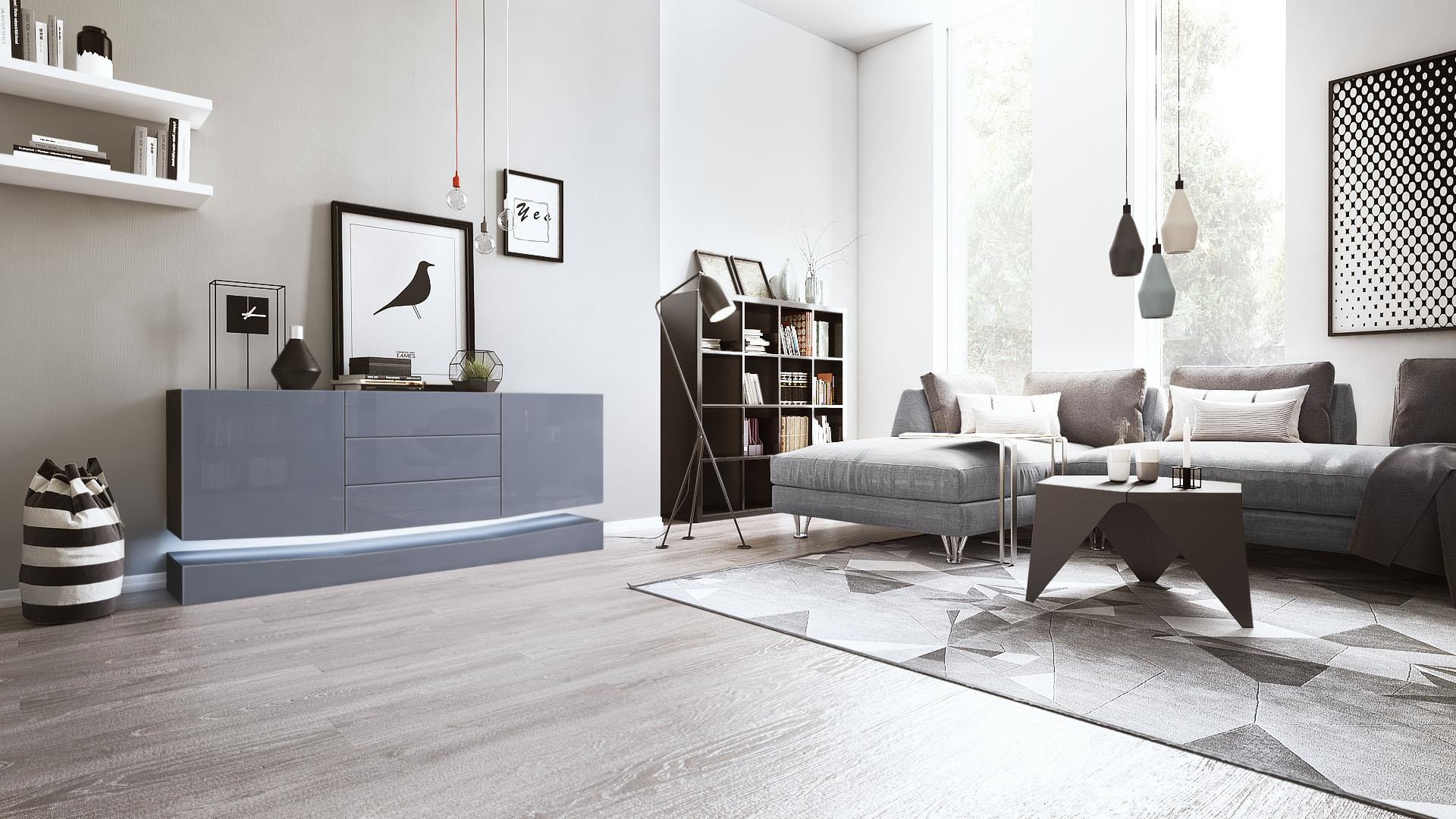 Sideboard City und 3 Schubladen inkl. LED-Beleuchtung Schwarz Hochglanz/Grau Hochglanz (178 x 72 x 38 cm)