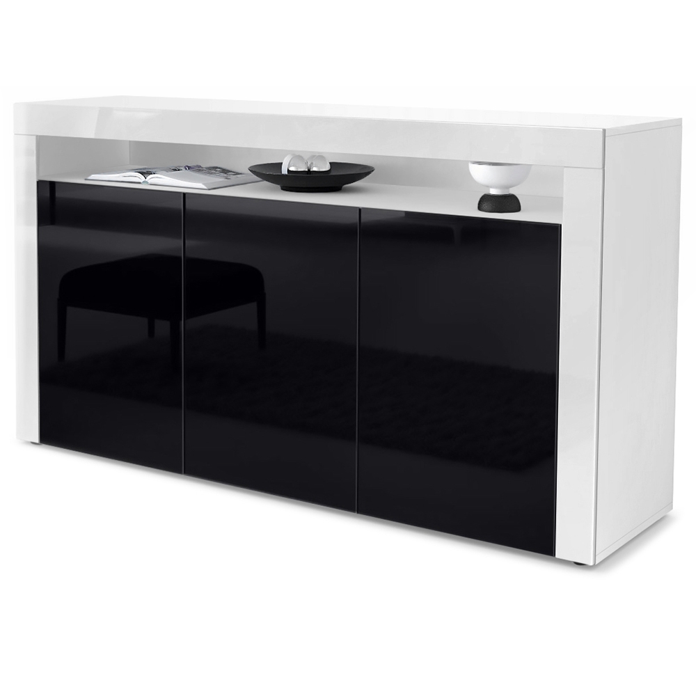Sideboard Valencia mit 3 Türen und 1 offenem Fach Weiß / Schwarz Hochglanz/ (155 x 92 x 40 cm)