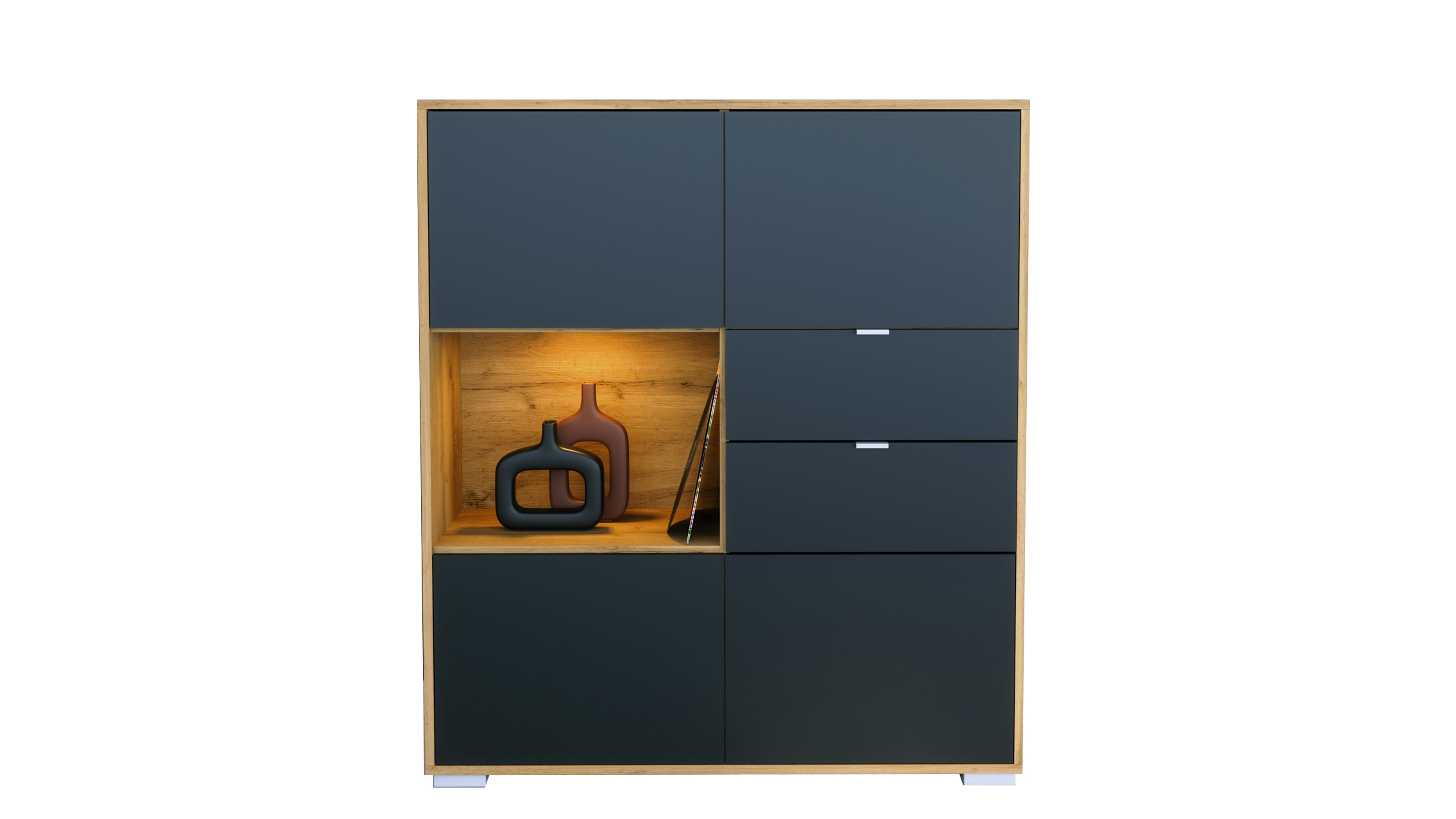 Highboard Milano V1 mit LED 2 Schubladen Schwarz matt, inkl. LED, Made in Germany Korpus Eiche Evoke (103 x 118 x 37 cm)

