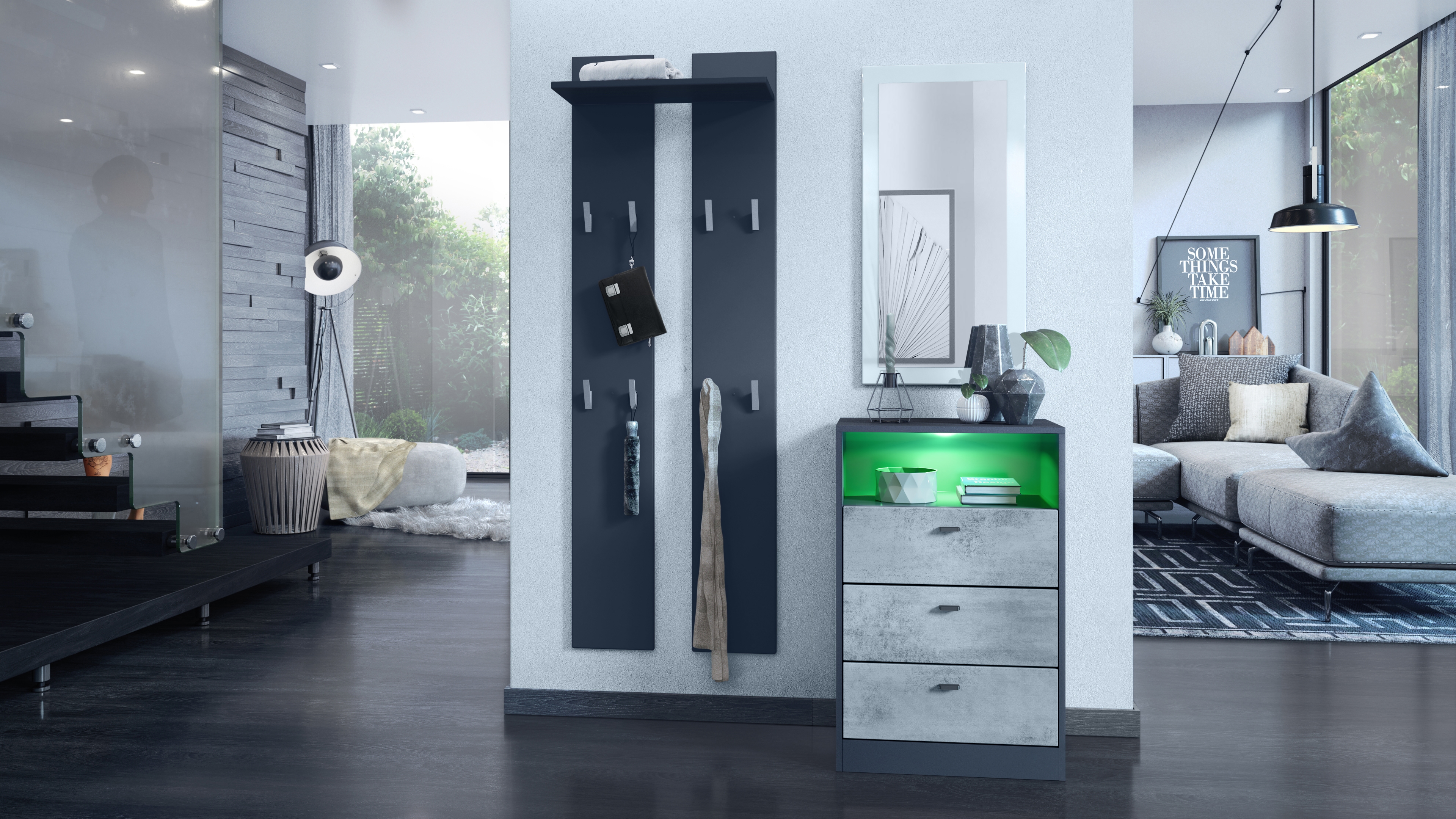 Kommode Pino V2  mit 3 Schubladen & 1 offenem Fach mit Beleuchtung Anthrazit matt/Beton Oxid Optik (56 x 86,5 x 36 cm)