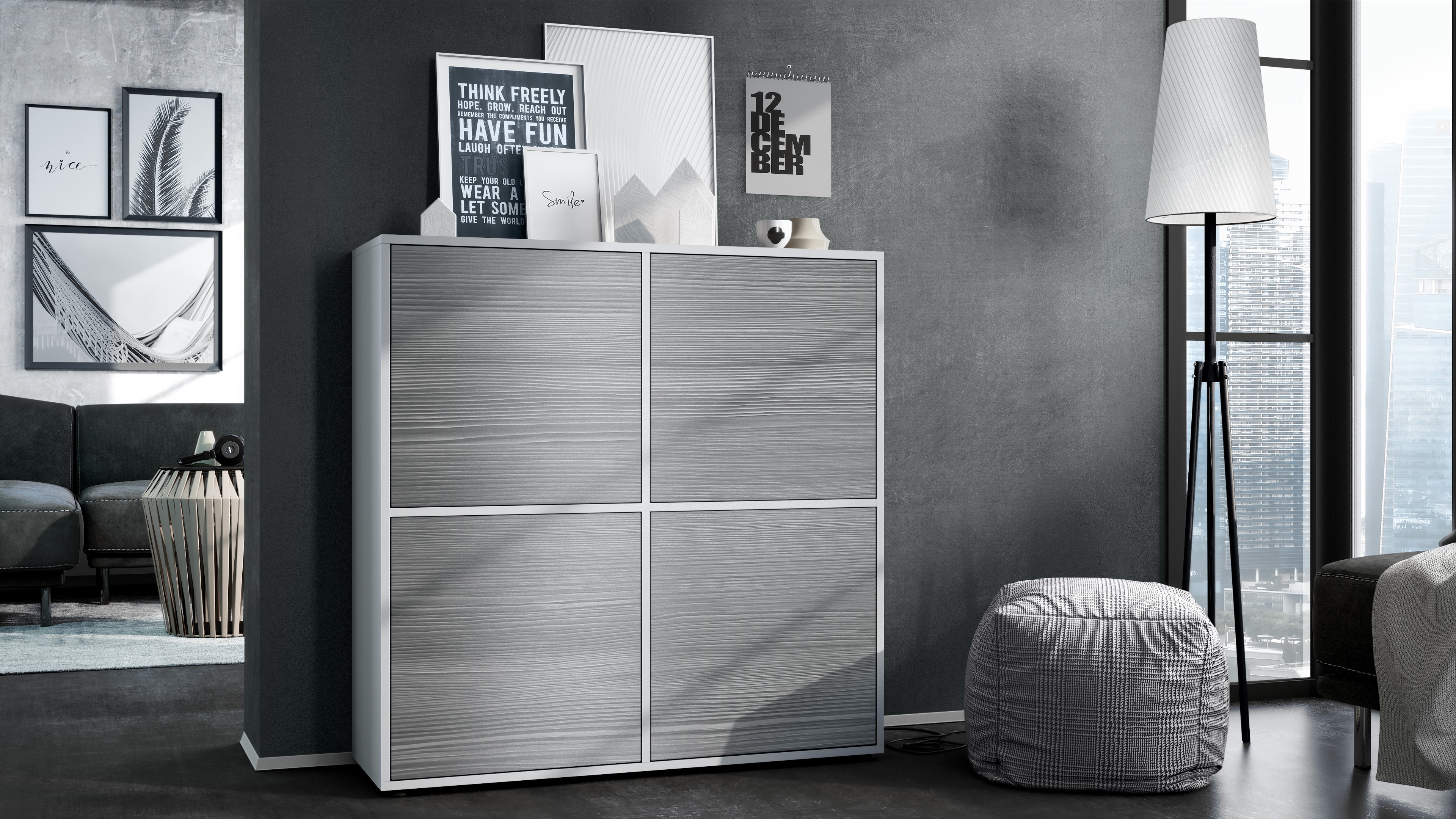 Highboard Cuba V2 Sideboard mit 4 Türen Push-to-Open, Made in Germany Weiß matt / Avola-Anthrazit (104 x 105,5 x 35,5 cm)