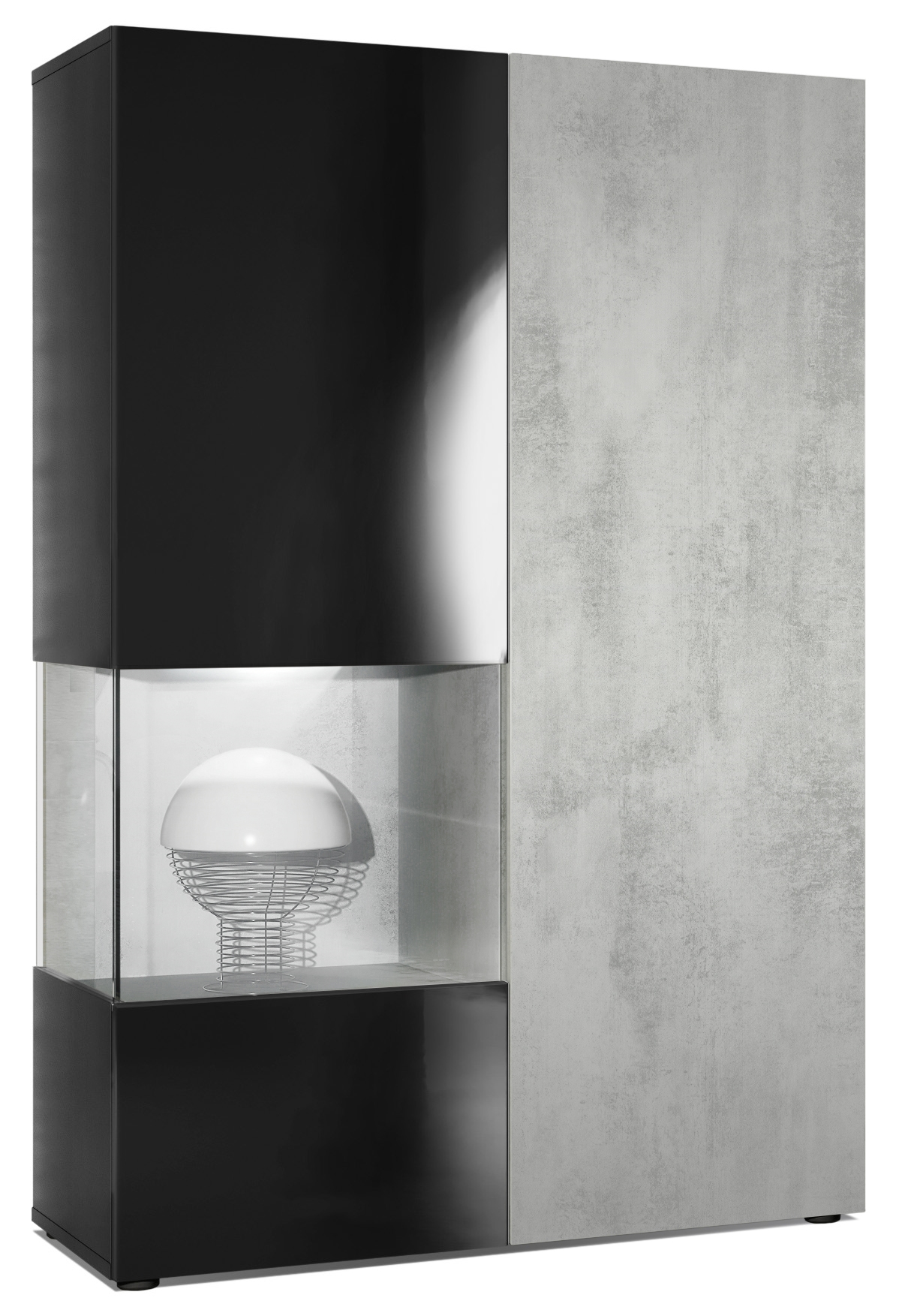 Vitrine Morena  mit 2 Türen dahinter ingesamt 7 Fächer Schwarz matt&glänzend/Beton Oxid Optik mit Beleuchtung (92x135x37 cm) Vitrine Morena  mit 2 Türen dahinter ingesamt 7 Fächer Schwarz matt&glänzend/Beton Oxid Optik mit Beleuchtung (92x135x37 cm)