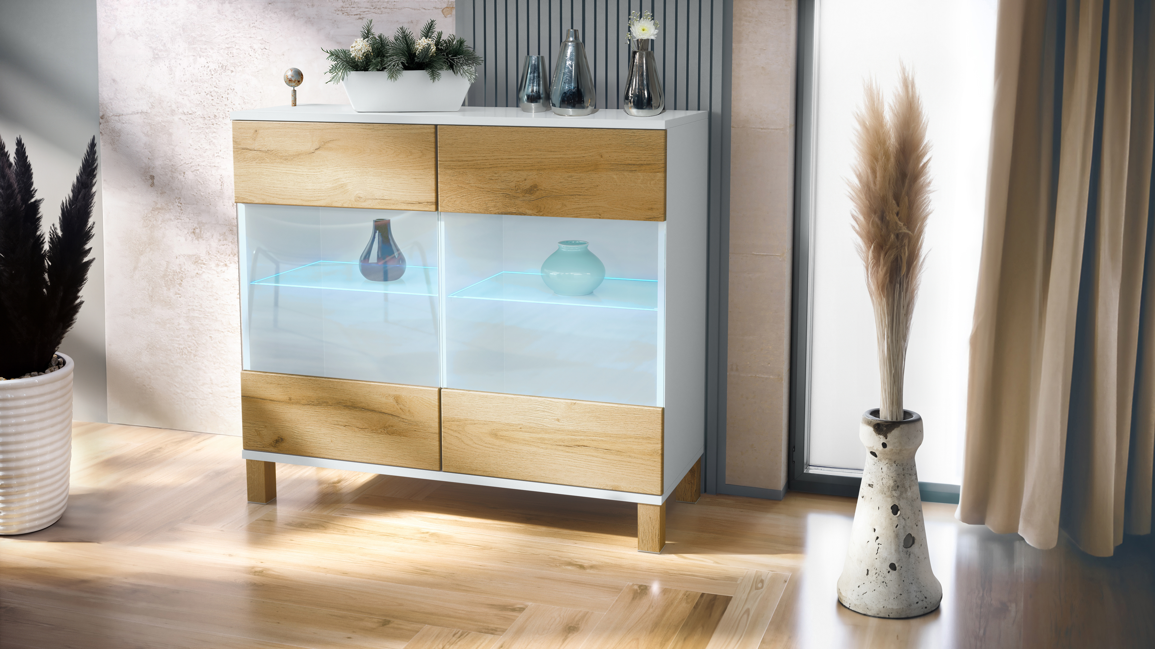 Bari V3 Kommode Weiß - Holz Edition mit 2 großen Glastüren Weiß matt / Eiche Natur (92,5 x 84,5 x 35)