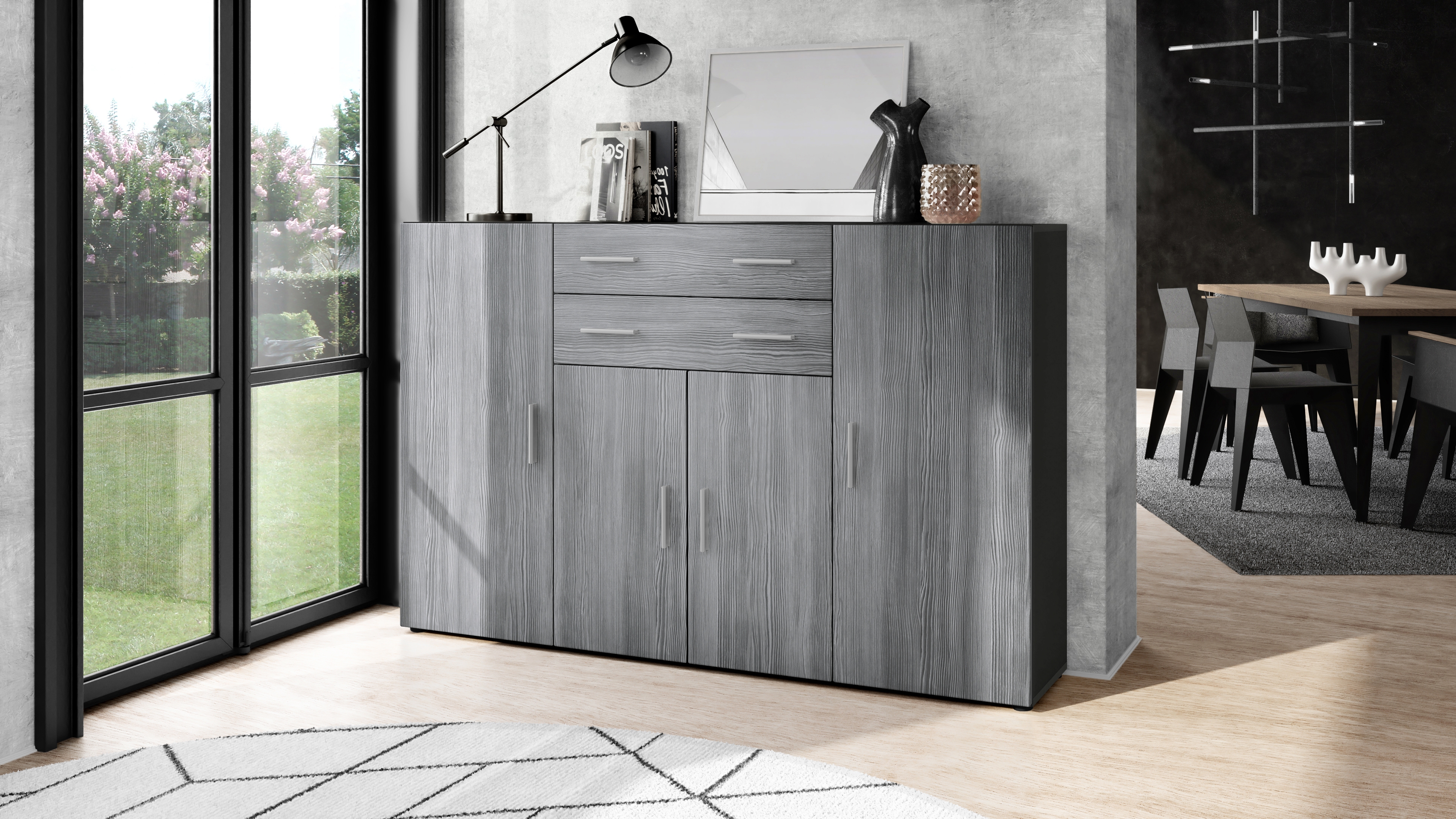 Highboard Aron  mit 4 Türen und 2 Schubladen Anthrazit matt/Avola-Anthrazit (166,5 x 106,5 x 35 cm)