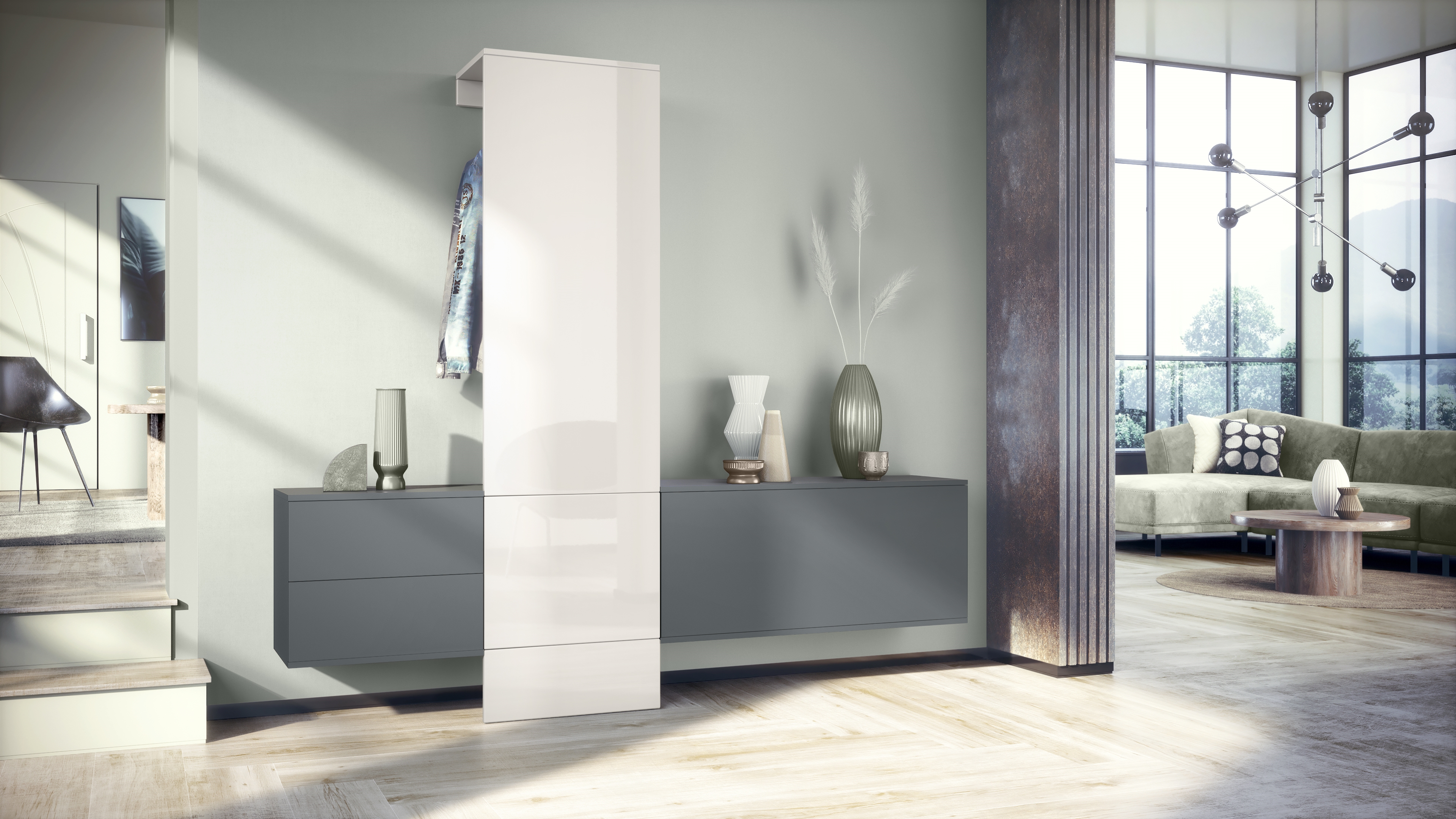 Garderoben Set DualVista bestehend aus 1 Garderobenpaneel, 2 Schrank Elementen und 2 Spiegel Anthrazit matt/Weiß Hochglanz