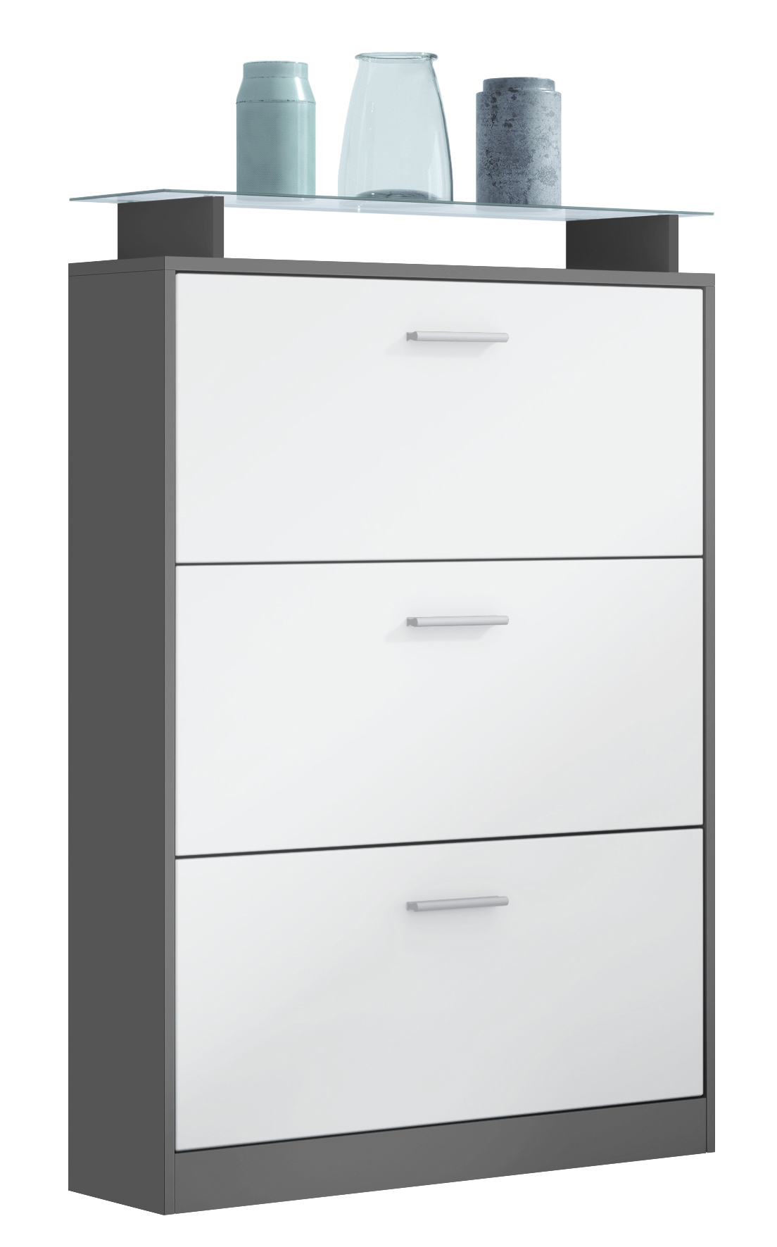 Lavia Schuhschrank Anthrazit matt für 24 Paar Schuhe mit 3 Klappen und Glasablage Anthrazit matt/Weiß matt (89 x 128 x 23 cm)