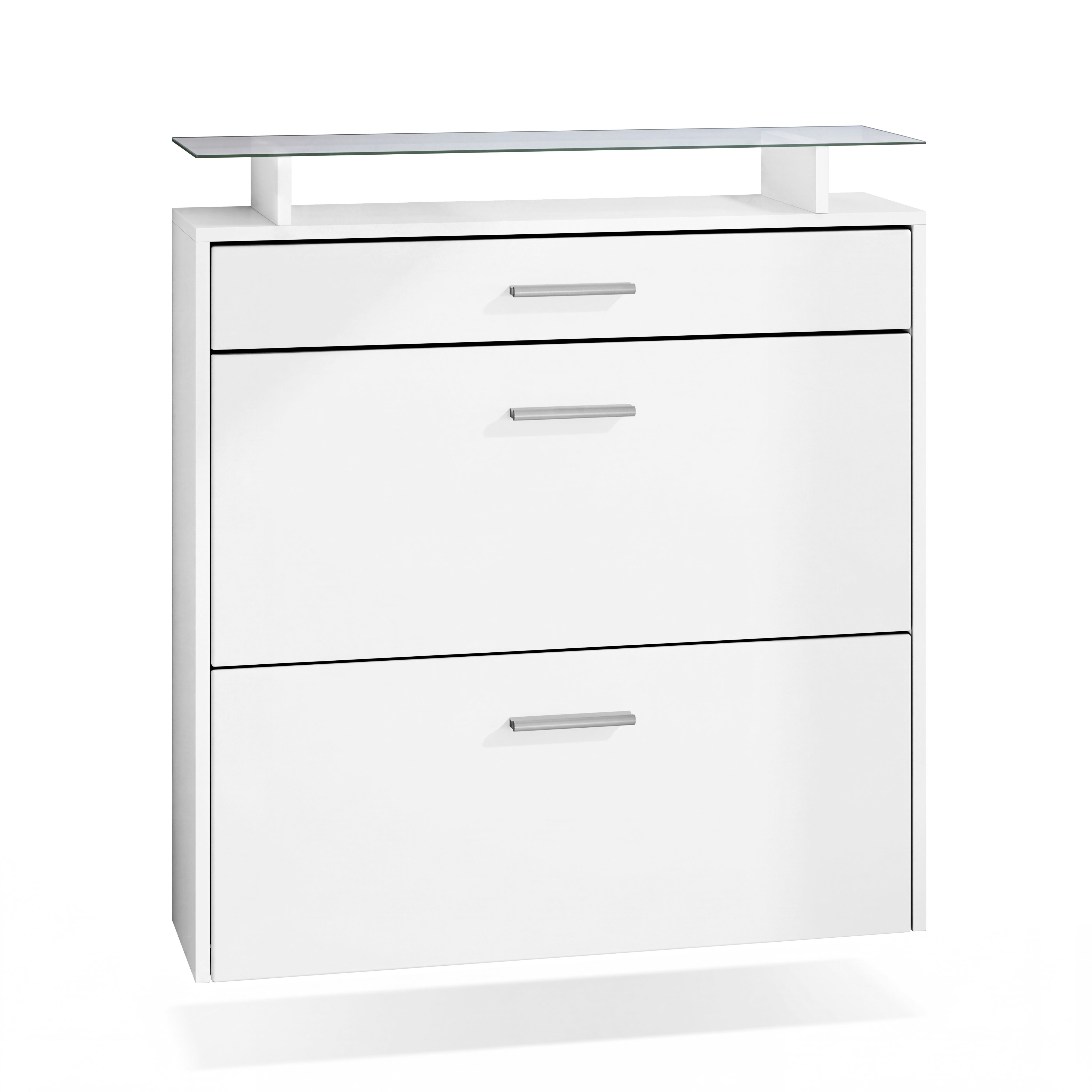 Schuhschrank Malea mit 2 Klappen und 1 Schublade und Glasablage Weiß matt (89 x 96 x 23 cm)